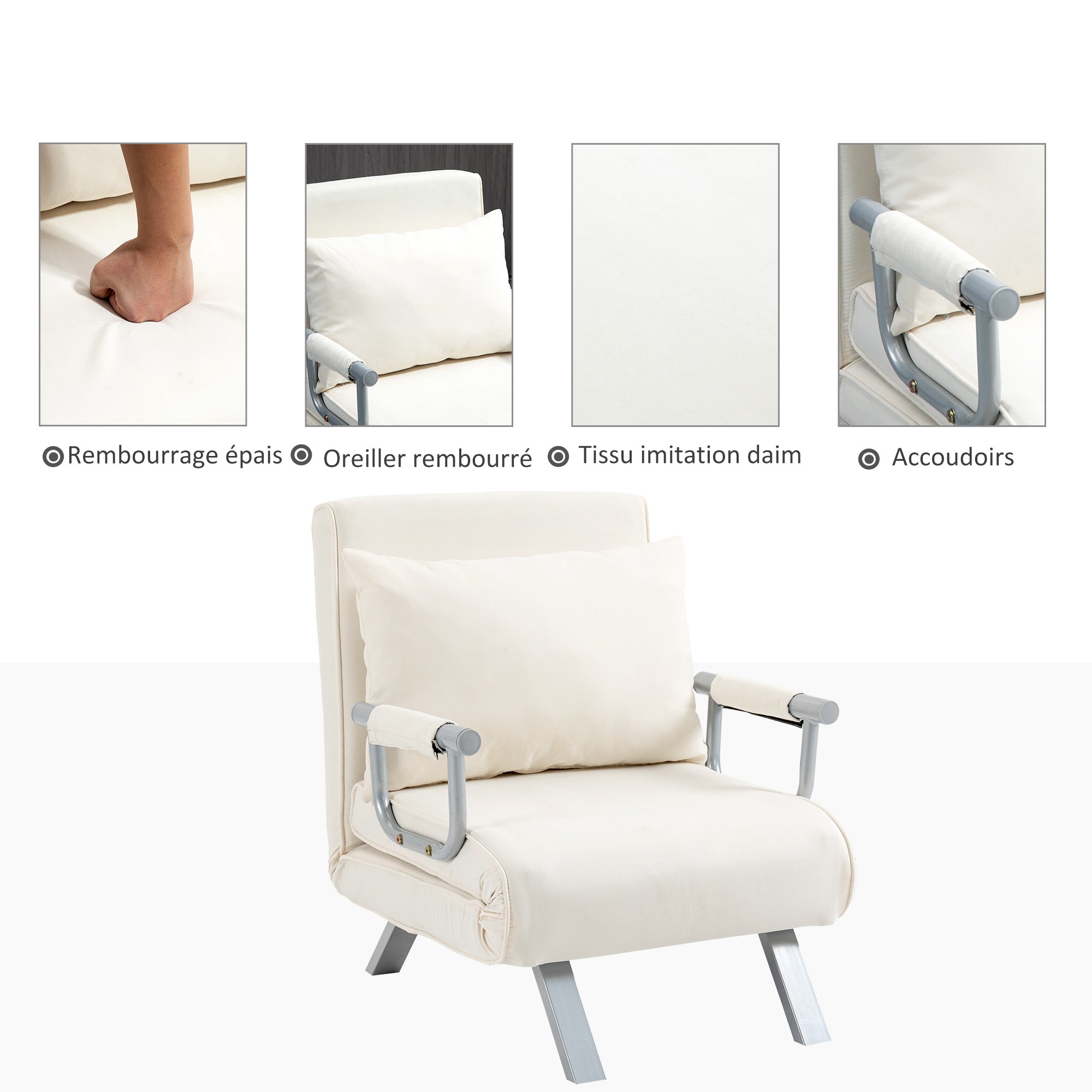 Fauteuil chauffeuse canapé-lit Convertible 1 Place déhoussable Grand Confort Coussin Pieds accoudoirs métal suède blanc