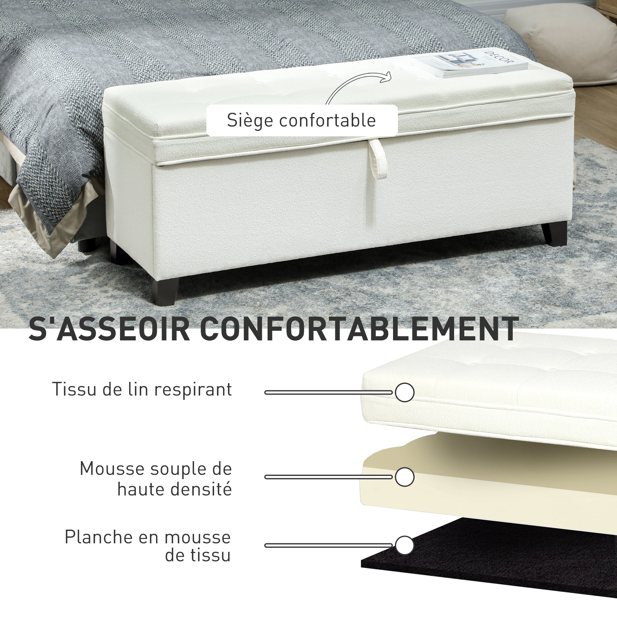 Banc de rangement 112L banquette bout de lit coffre de rangement avec siège capitonné, tissu de lin, pour salon, chambre, entrée, 120 x 40 x 48 cm, crème