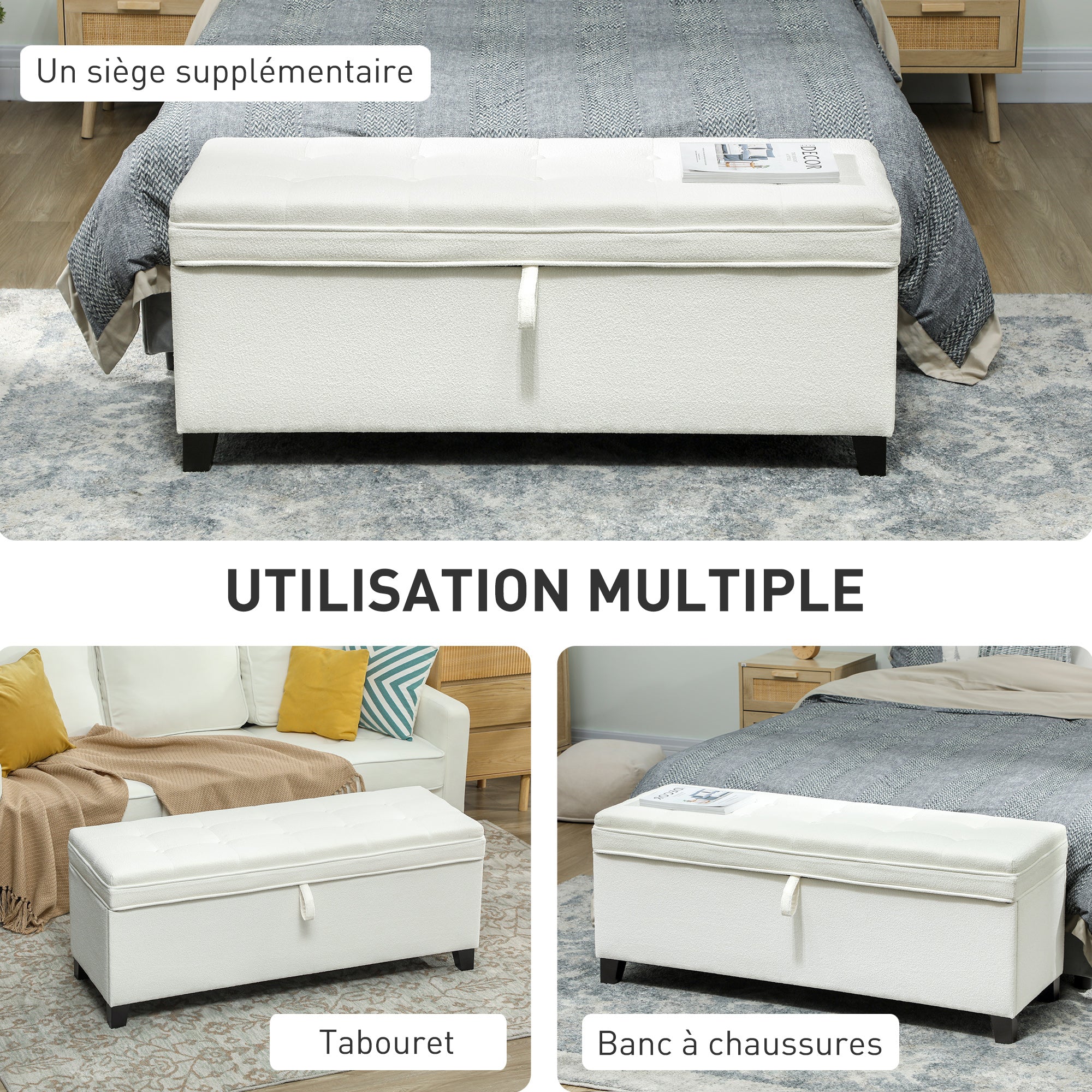 Banc de rangement 112L banquette bout de lit coffre de rangement avec siège capitonné, tissu de lin, pour salon, chambre, entrée, 120 x 40 x 48 cm, crème