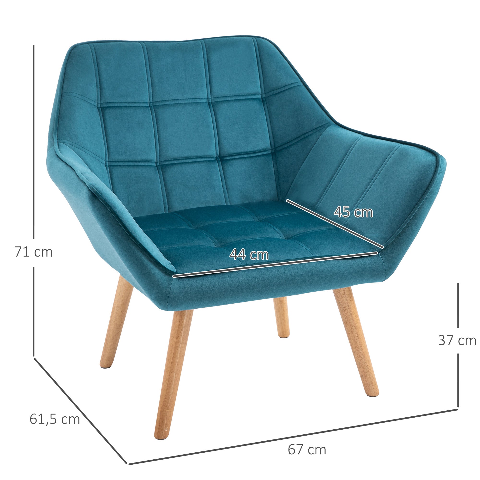 Fauteuil salon chaise coiffeuse fauteuil scandinave avec dossier haut et accoudoir rembourré - avec pied en bois, revêtement en effet velours, 67 x 61,5 x 71 cm, bleu