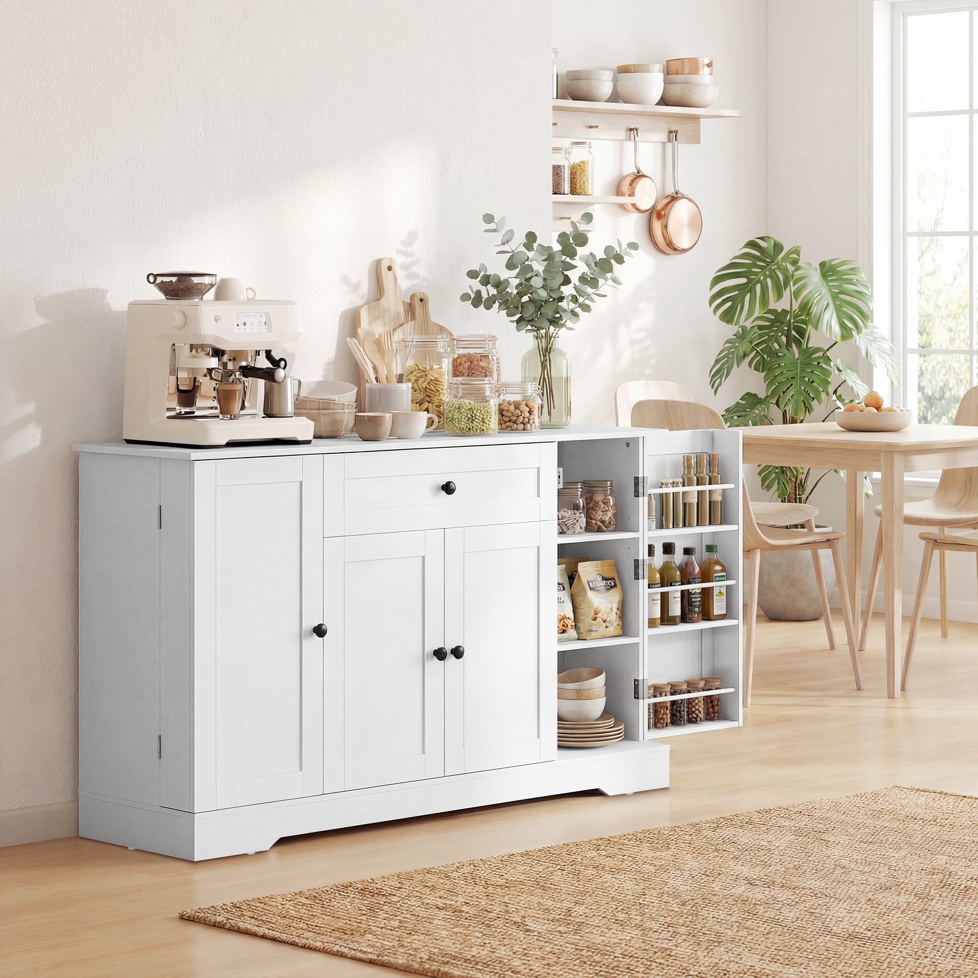 Buffet Cuisine, Meuble de Rangement avec Tiroir, 4 Portes à Fermeture Douce, Racks-Porte et Étagères Réglables, Meuble TV Jusqu'à 65 Pouces, pour Salon et Salle à Manger, 140x40x80cm, Blanc