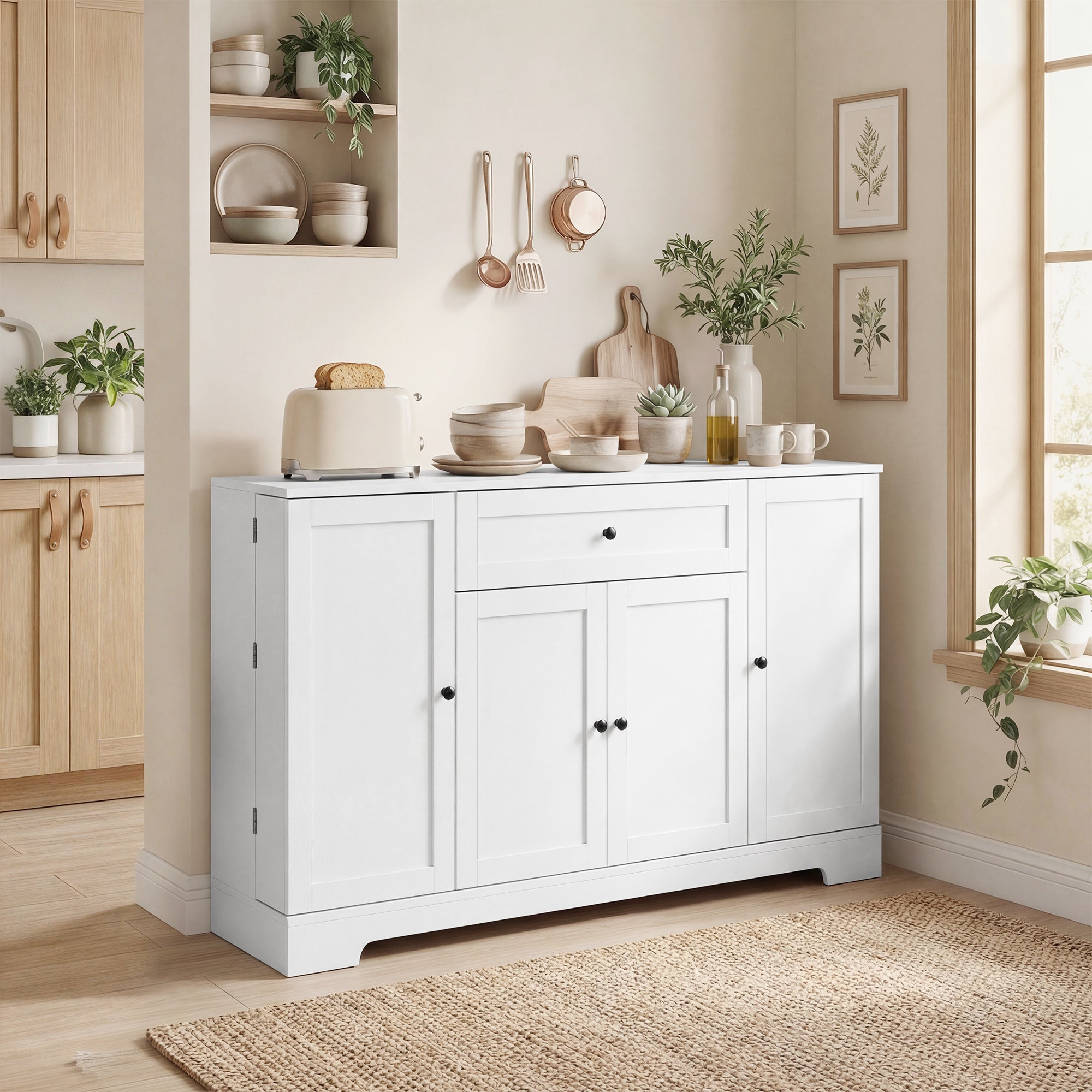 Buffet Cuisine, Meuble de Rangement avec Tiroir, 4 Portes à Fermeture Douce, Racks-Porte et Étagères Réglables, Meuble TV Jusqu'à 65 Pouces, pour Salon et Salle à Manger, 140x40x80cm, Blanc
