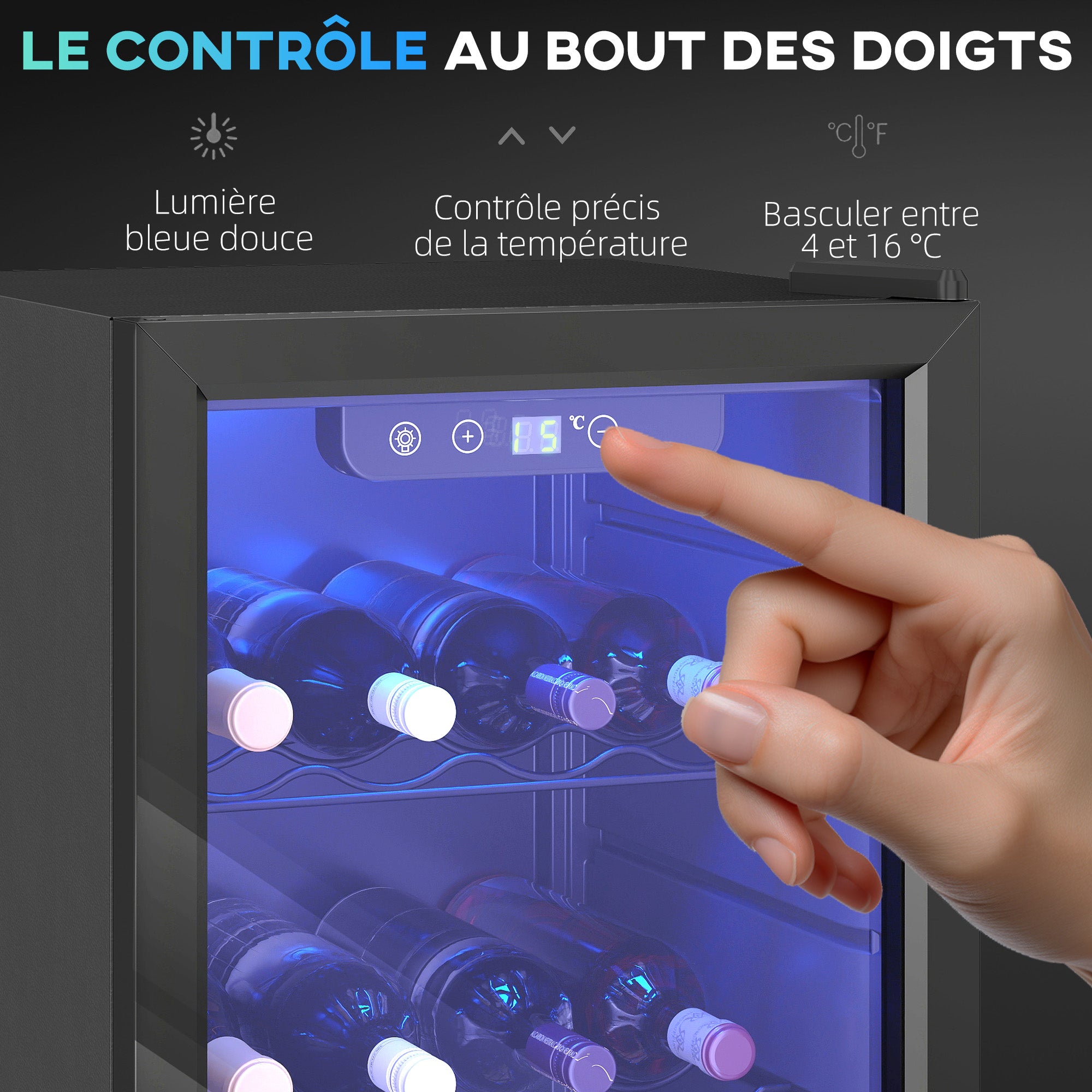 Cave à vin 24 bouteilles 68L, réfrigérateur à vin et boissons avec température réglable 4-16 °C, porte réversible en verre trempé double, éclairage LED, écran tactile et étagère amovible, noir