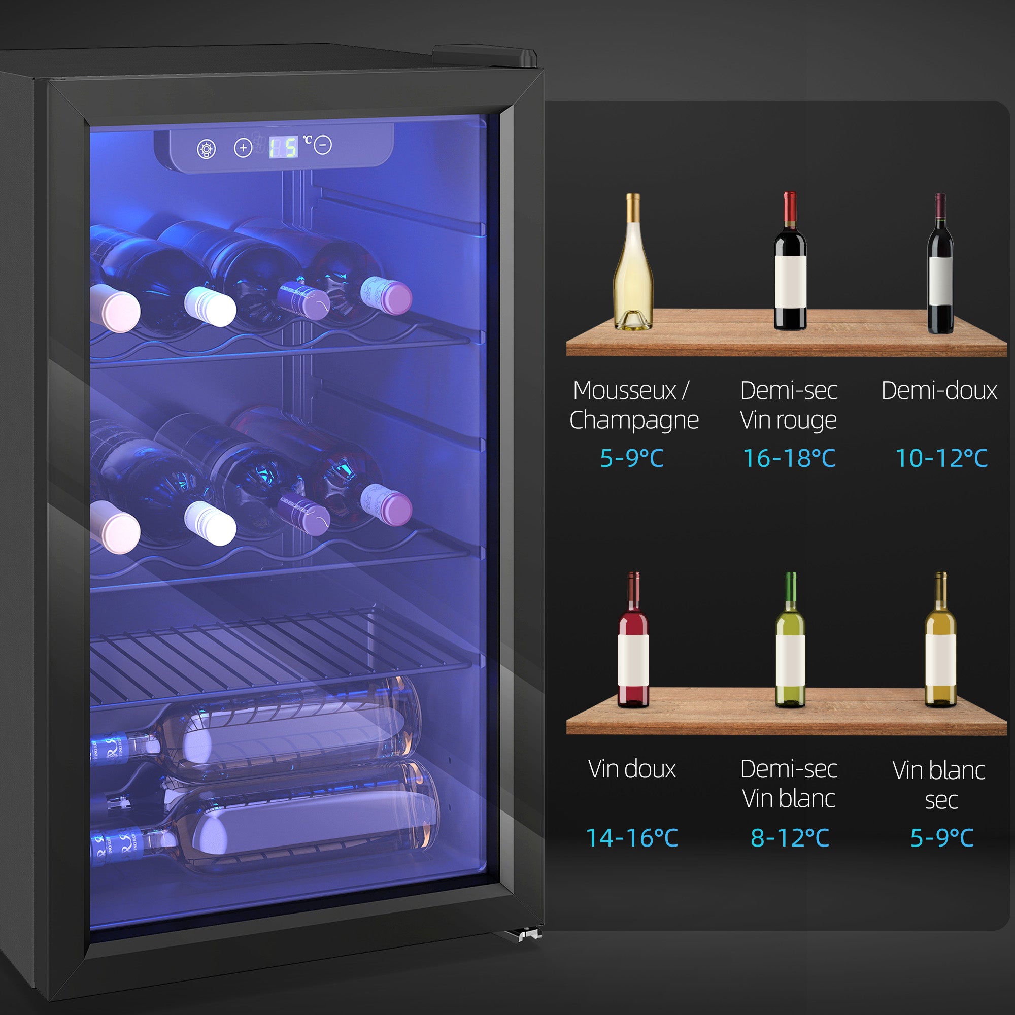 Cave à vin 24 bouteilles 68L, réfrigérateur à vin et boissons avec température réglable 4-16 °C, porte réversible en verre trempé double, éclairage LED, écran tactile et étagère amovible, noir