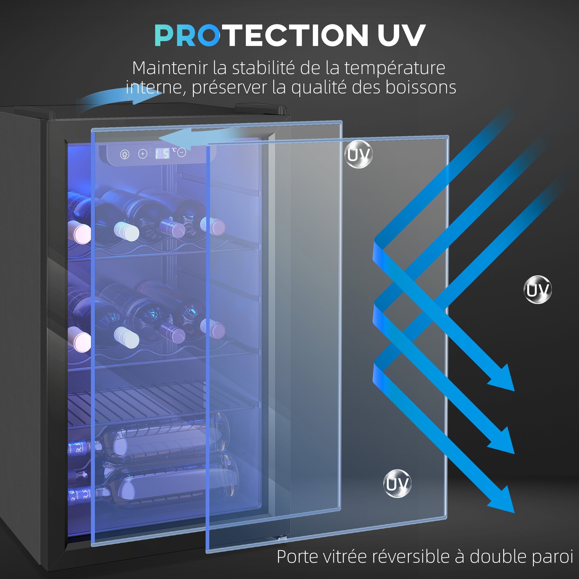 Cave à vin 24 bouteilles 68L, réfrigérateur à vin et boissons avec température réglable 4-16 °C, porte réversible en verre trempé double, éclairage LED, écran tactile et étagère amovible, noir