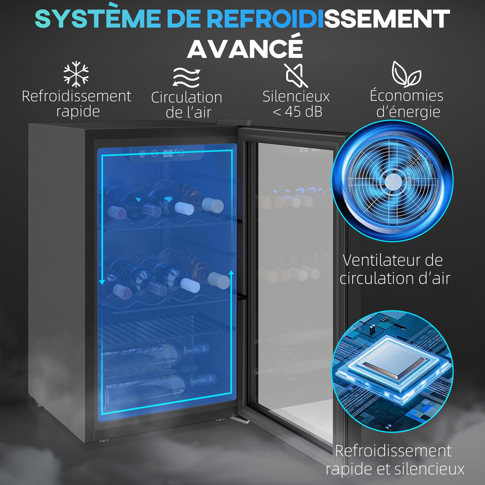Cave à vin 24 bouteilles 68L, réfrigérateur à vin et boissons avec température réglable 4-16 °C, porte réversible en verre trempé double, éclairage LED, écran tactile et étagère amovible, noir