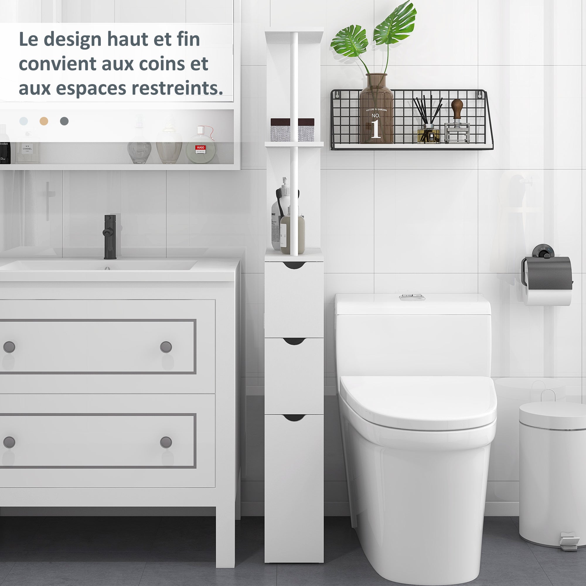 Meuble colonne salle de bain, armoire de salle de bain, avec tiroirs, étagères ouvertes, placard, 15 x 33 x 136,5 cm, blanc