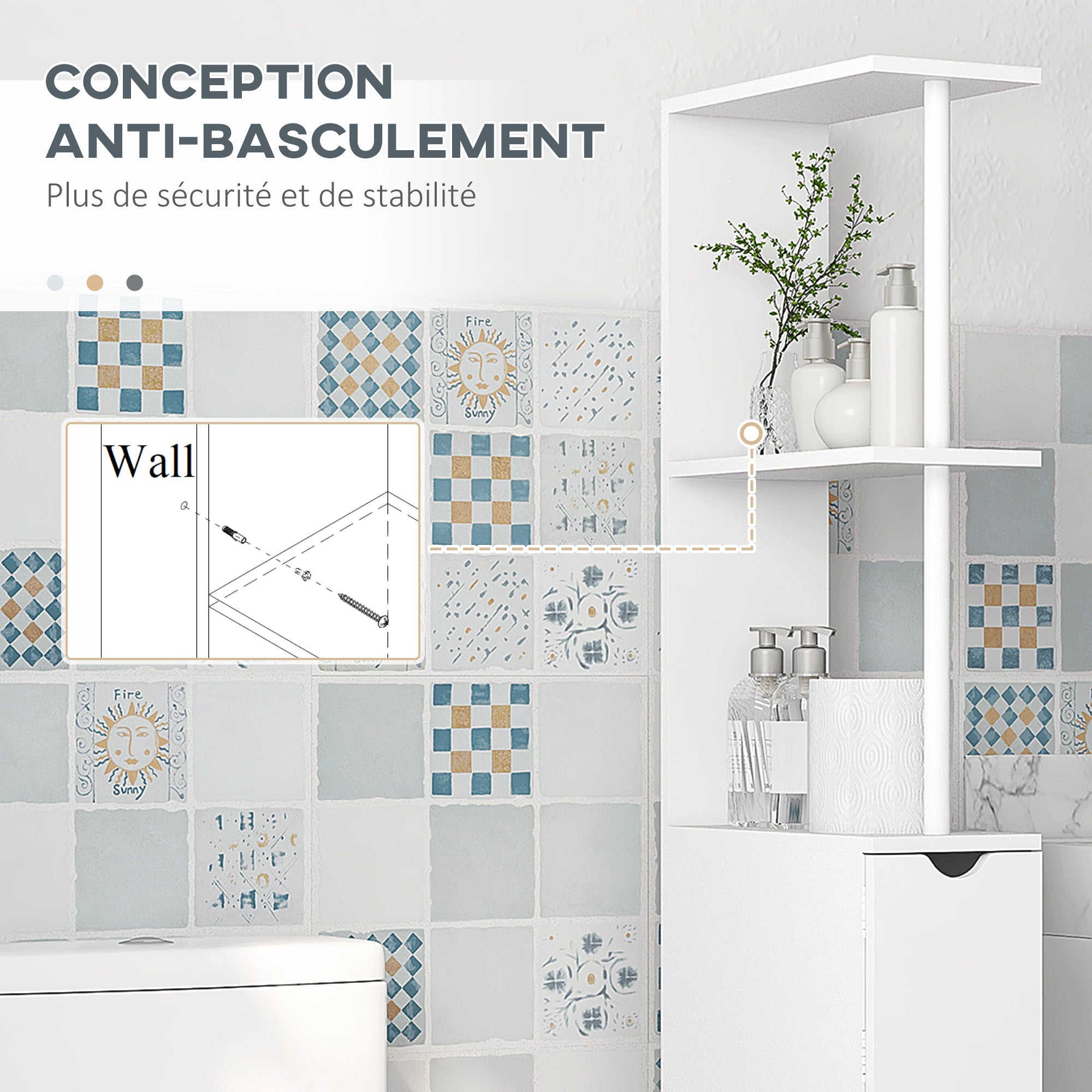 Meuble colonne salle de bain, armoire de salle de bain, avec tiroirs, étagères ouvertes, placard, 15 x 33 x 136,5 cm, blanc