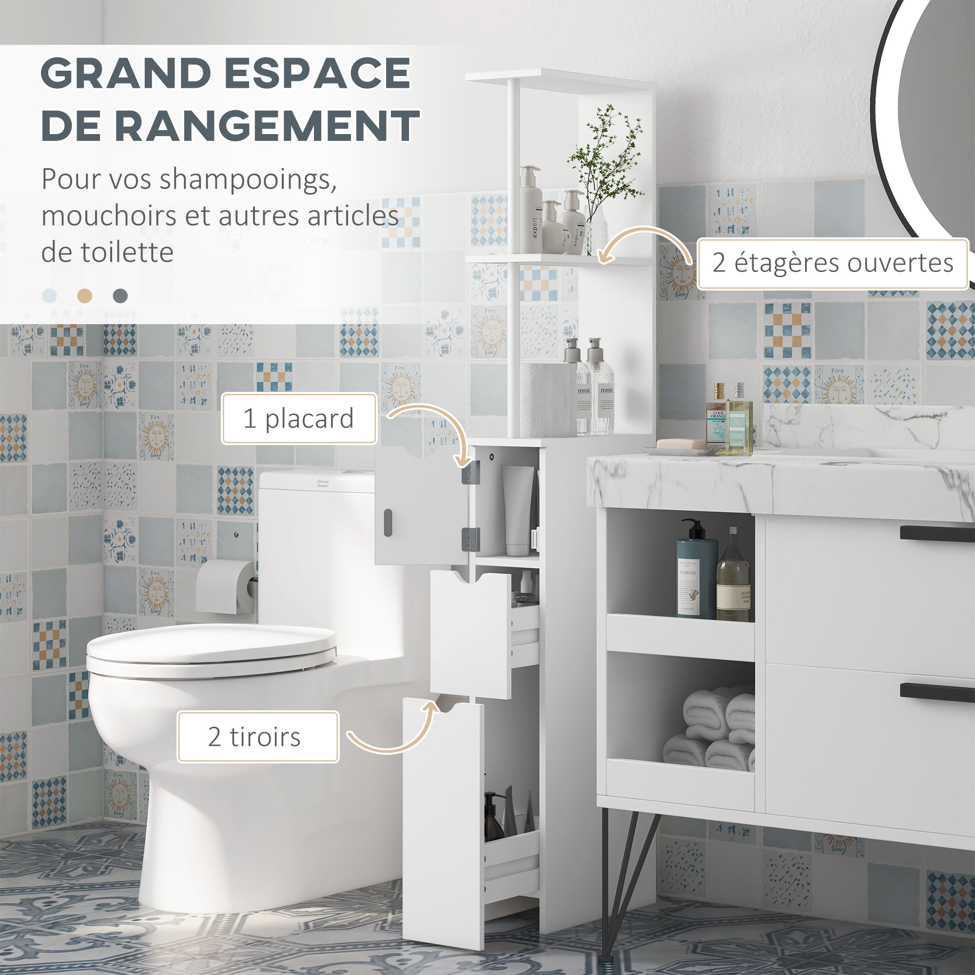 Meuble colonne salle de bain, armoire de salle de bain, avec tiroirs, étagères ouvertes, placard, 15 x 33 x 136,5 cm, blanc