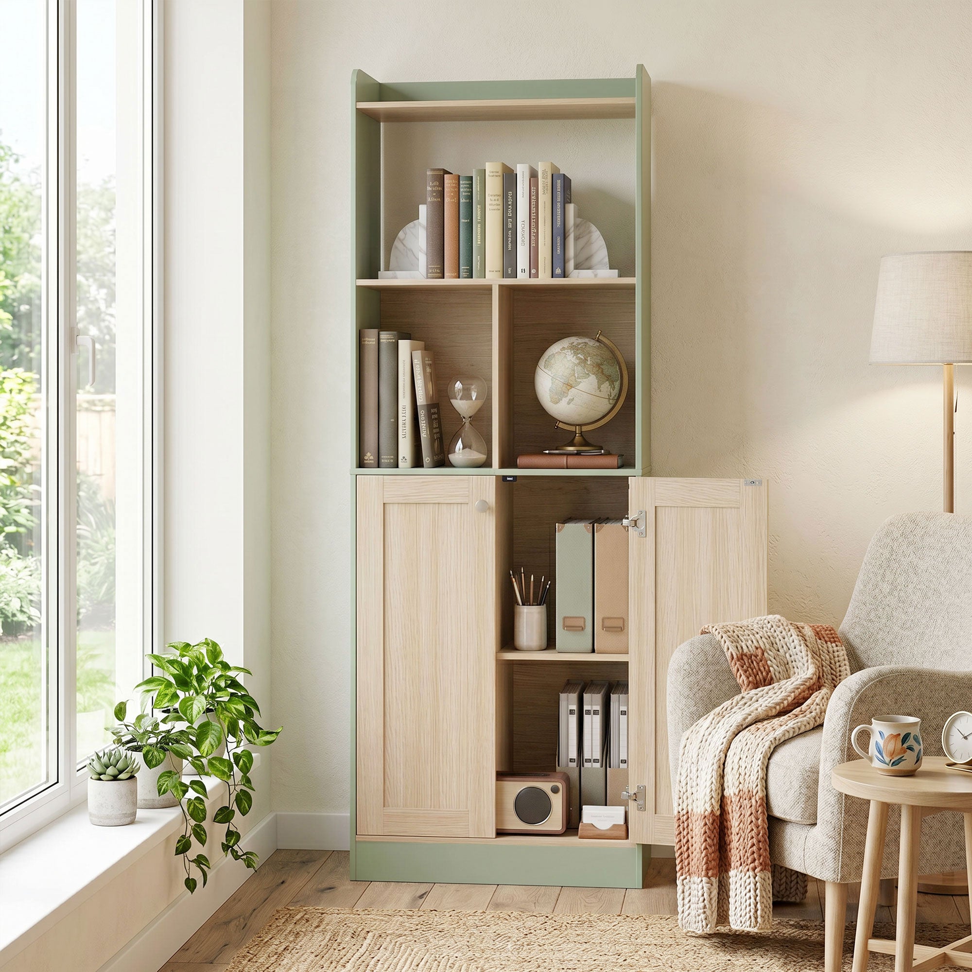 Bibliothèque à 5 niveaux, meuble de rangement, étagère à livres 60 x 30 x 161,2 cm avec 2 portes, étagère de rangement pour salon, chambre, bureau, vert et bois naturel