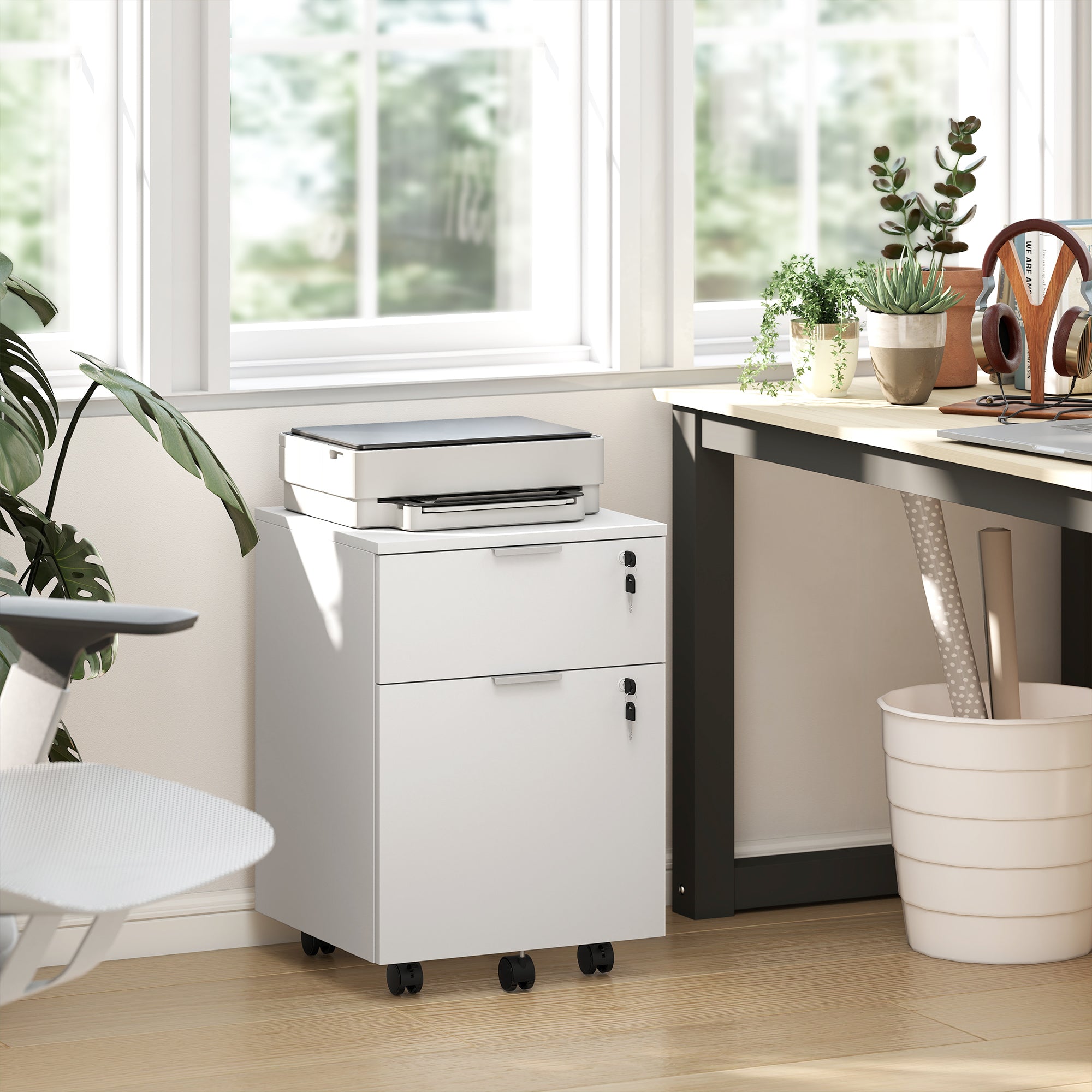 Caisson de bureau, meuble de rangement 2 tiroirs 2 barres de suspension dossier suspendu, verrouillable 2 clés, 4 roulettes 42x40x60 cm blanc