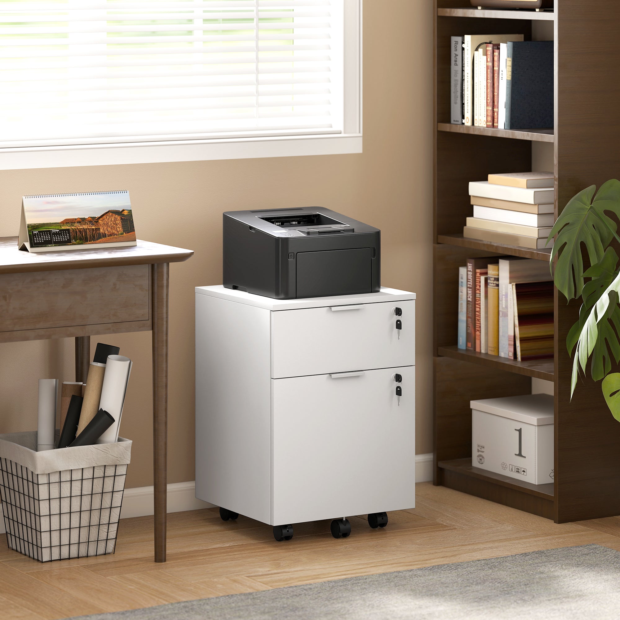 Caisson de bureau, meuble de rangement 2 tiroirs 2 barres de suspension dossier suspendu, verrouillable 2 clés, 4 roulettes 42x40x60 cm blanc