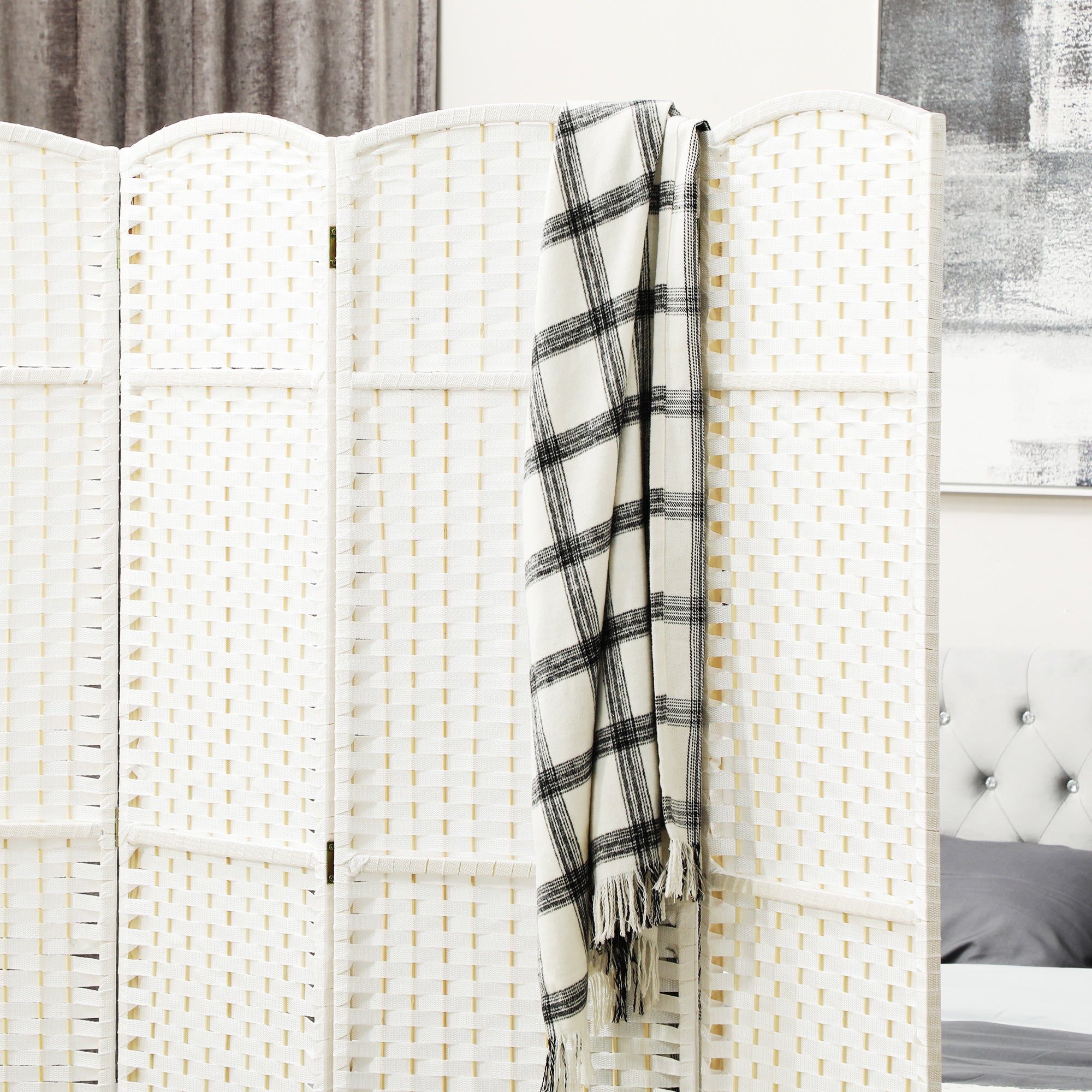 Paravent interieur en bois 4 panneaux 160 x 170 cm séparateur de pièce pliable avec finition tissée, closion de séparation pour salon, chambre à coucher, maison, blanc