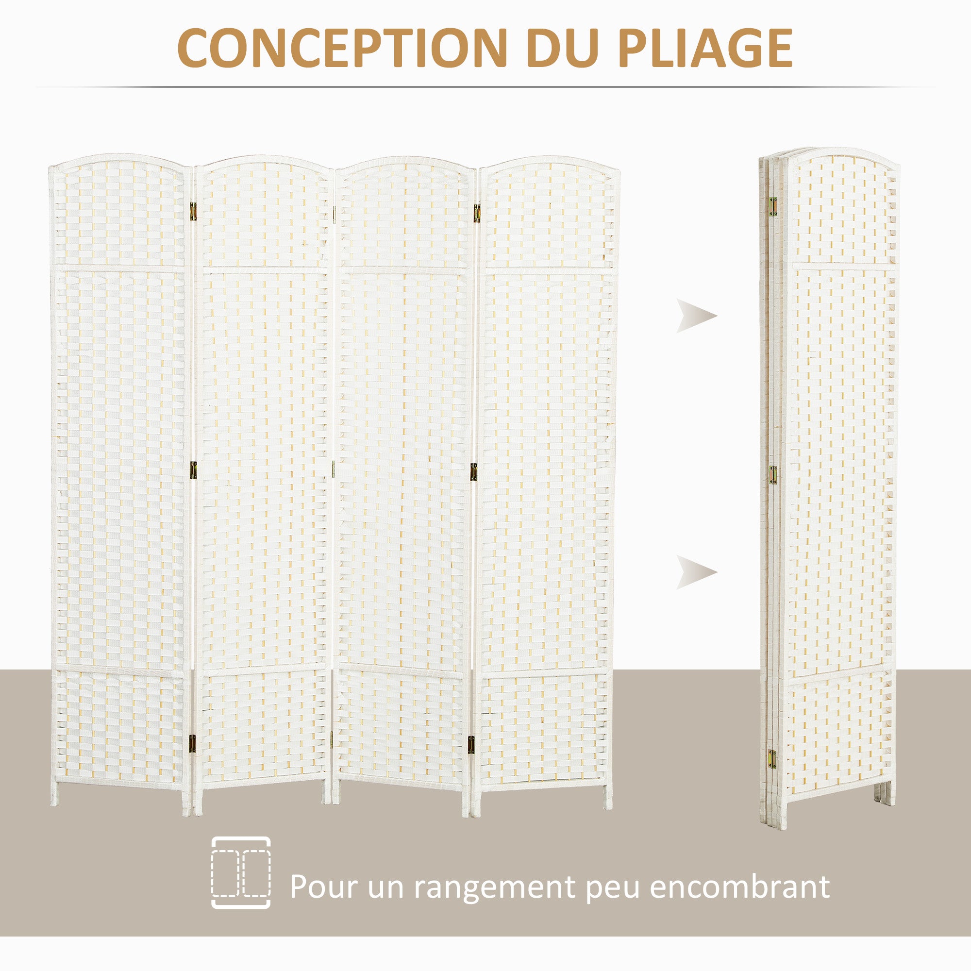 Paravent interieur en bois 4 panneaux 160 x 170 cm séparateur de pièce pliable avec finition tissée, closion de séparation pour salon, chambre à coucher, maison, blanc