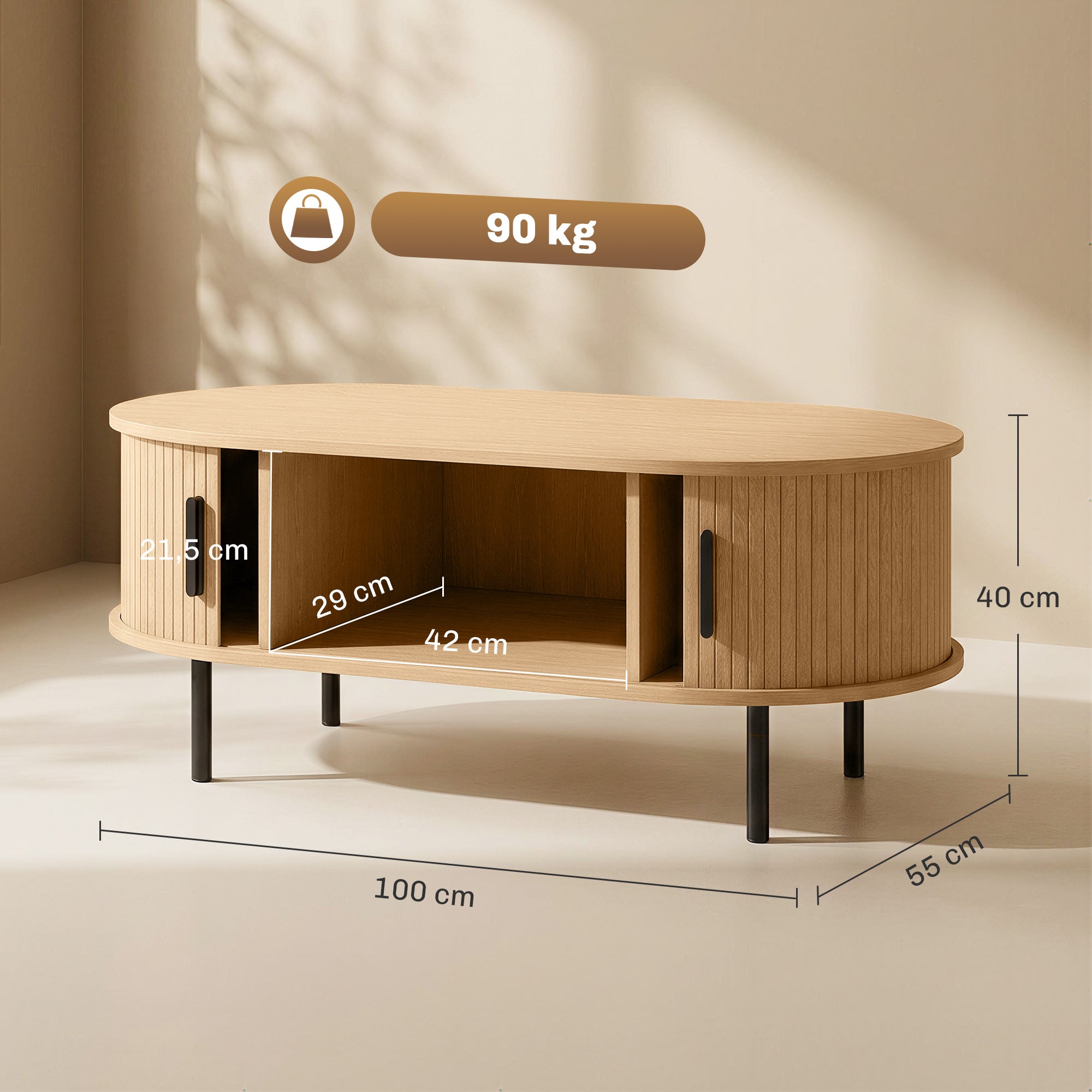 Table basse ovale en bois, table de salon moderne avec portes coulissantes et compartiments cachés, pieds en métal, pour chambre, séjour et bureau, 100 x 55 x 40 cm, effet bois naturel