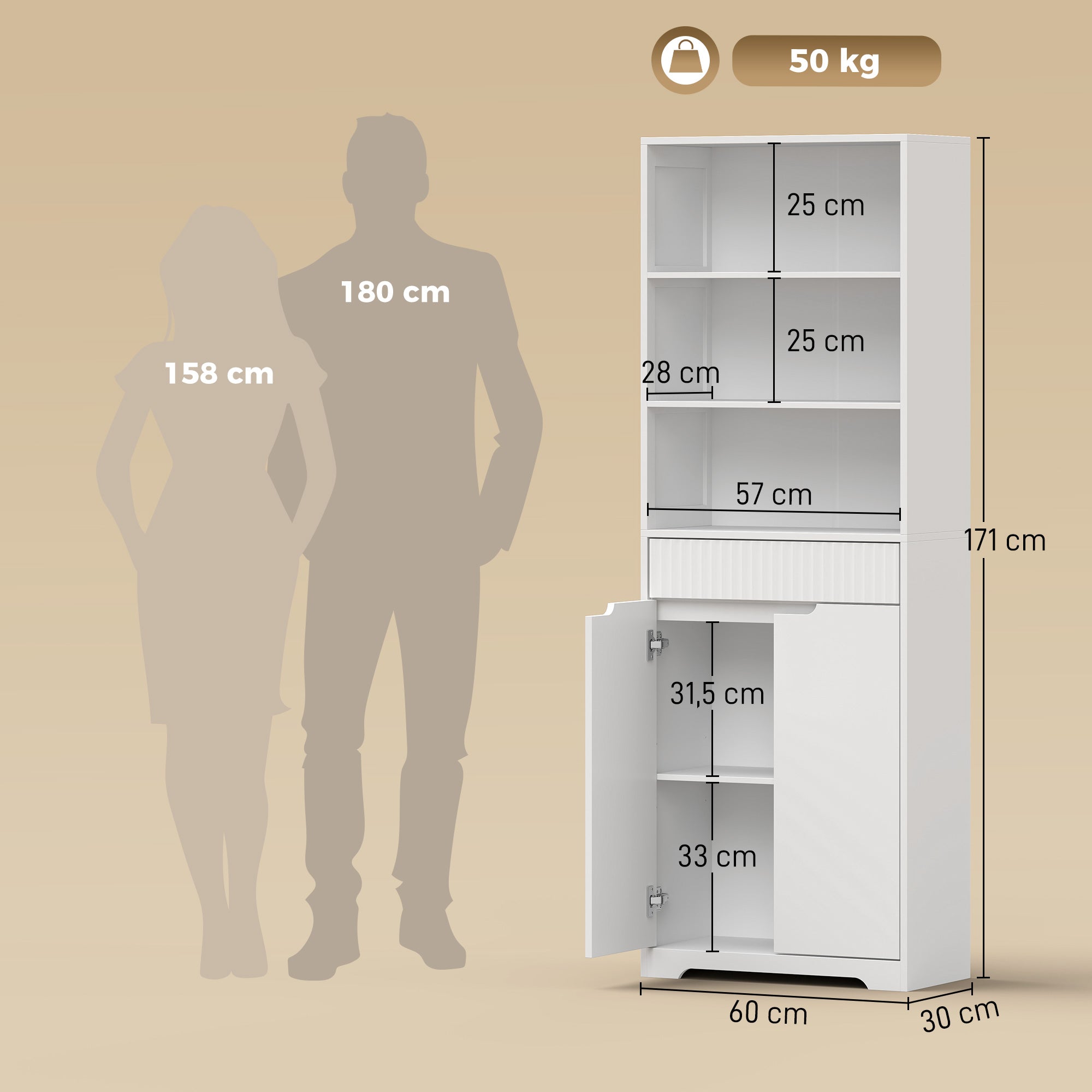 Meuble de salle de bain haut, meuble de rangement avec 2 portes à fermeture douce, tiroir, 3 compartiments ouverts et étagères réglables, style moderne, pour salon, chambre, 60x30x171cm, blanc