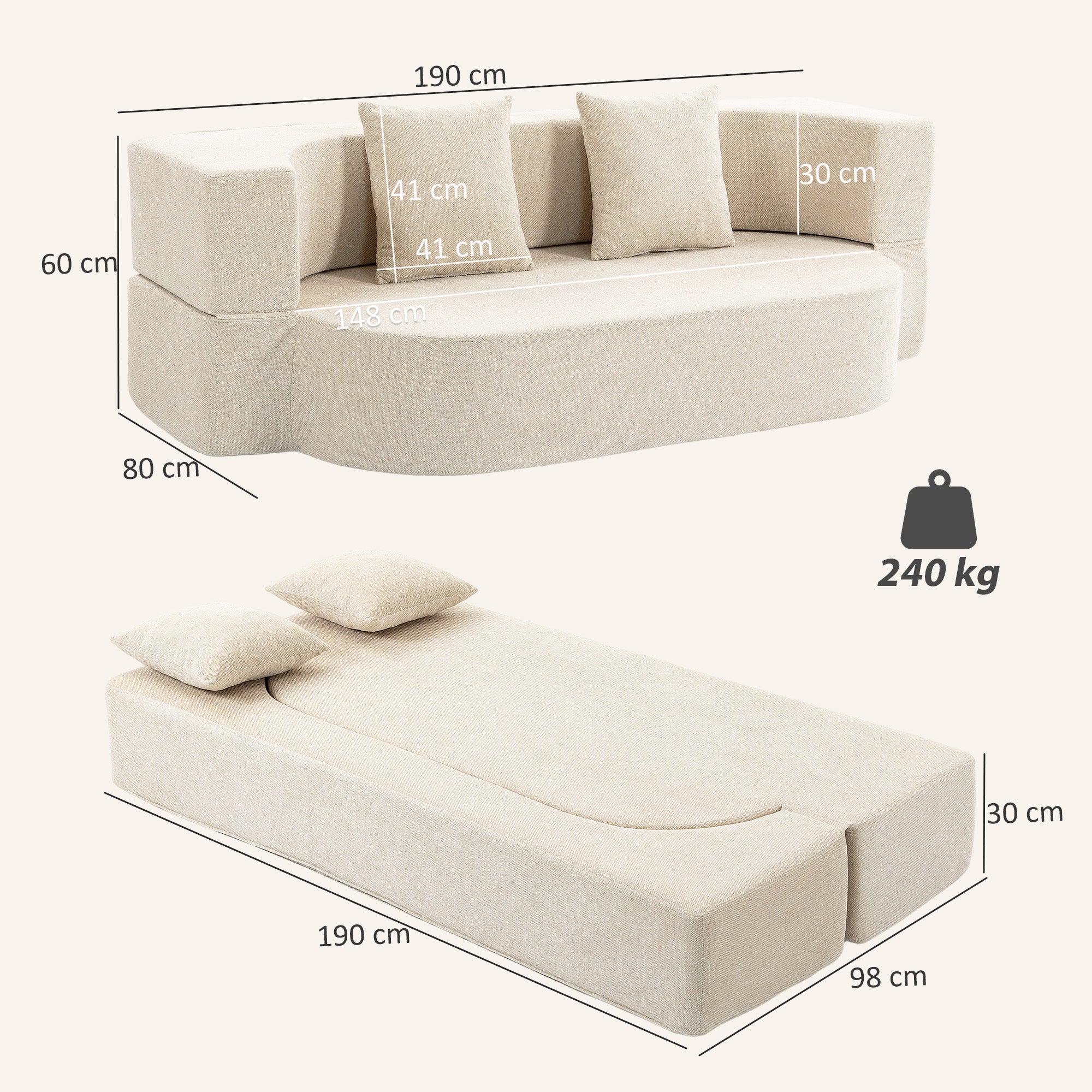Canapé Convertible 2 Places, Canapé-Lit en Chenille 190cm, Dossier Rabattable, Assise et Accoudoirs Larges, 2 Oreillers, Entièrement Compressé Pas d'Assemblage, pour Salon, Chambre, Beige