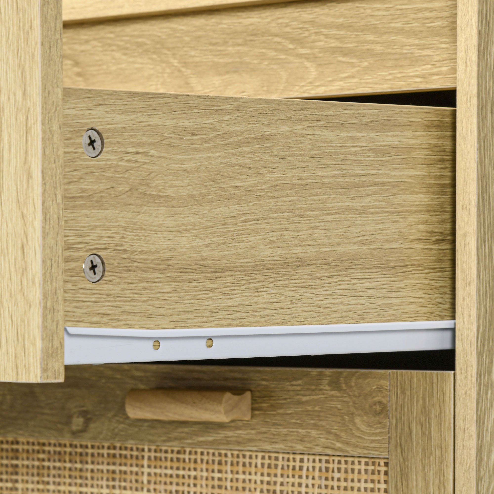 Commode chambre 4 tiroirs meuble de rangement avec façade tissage en rotin style bohème dim. 90l x 45P x 108,5H cm Aspect Bois Clair