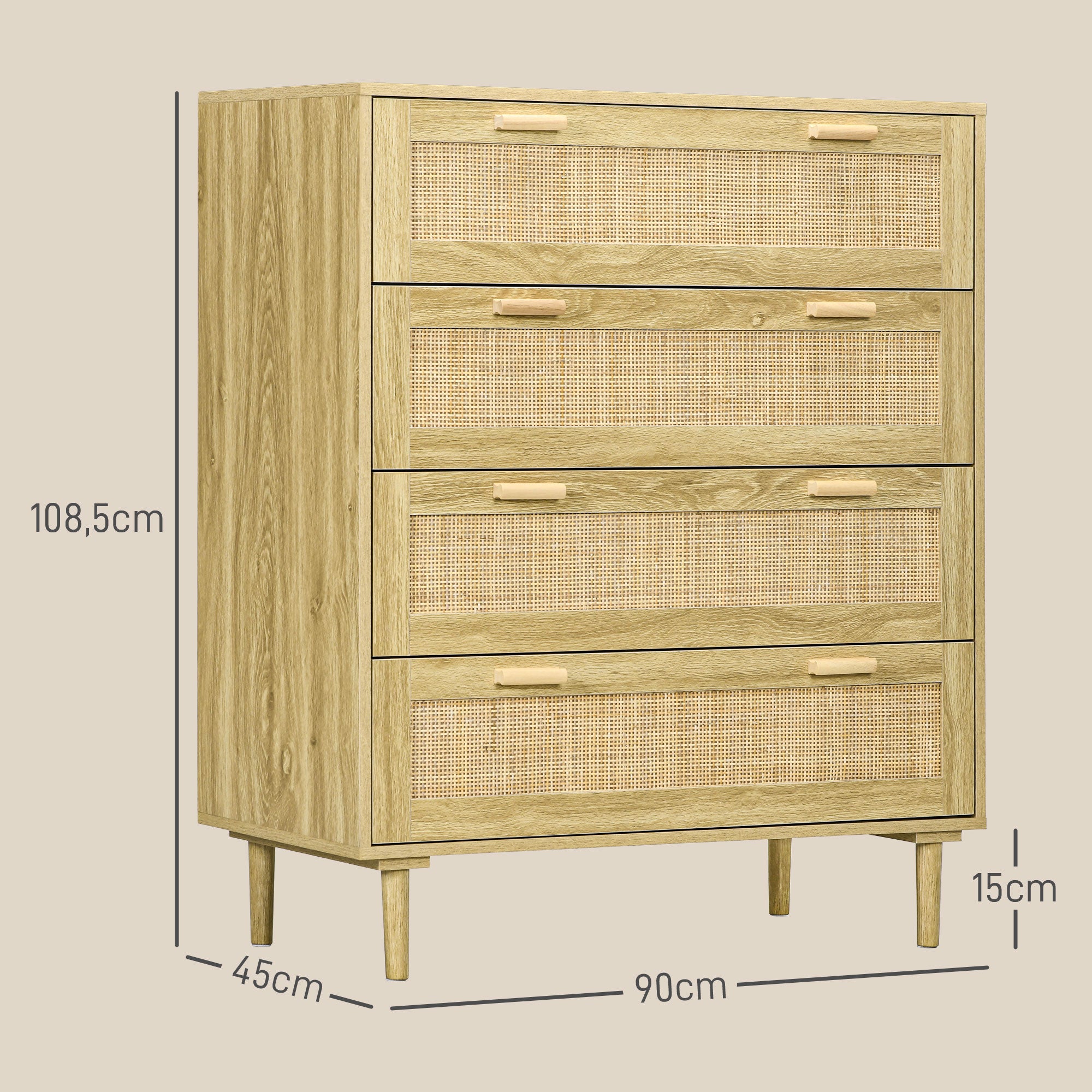 Commode chambre 4 tiroirs meuble de rangement avec façade tissage en rotin style bohème dim. 90l x 45P x 108,5H cm Aspect Bois Clair