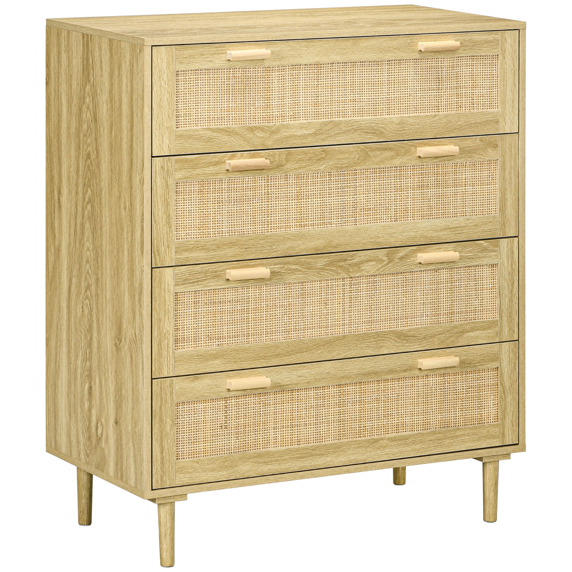 Commode chambre 4 tiroirs meuble de rangement avec façade tissage en rotin style bohème dim. 90l x 45P x 108,5H cm Aspect Bois Clair