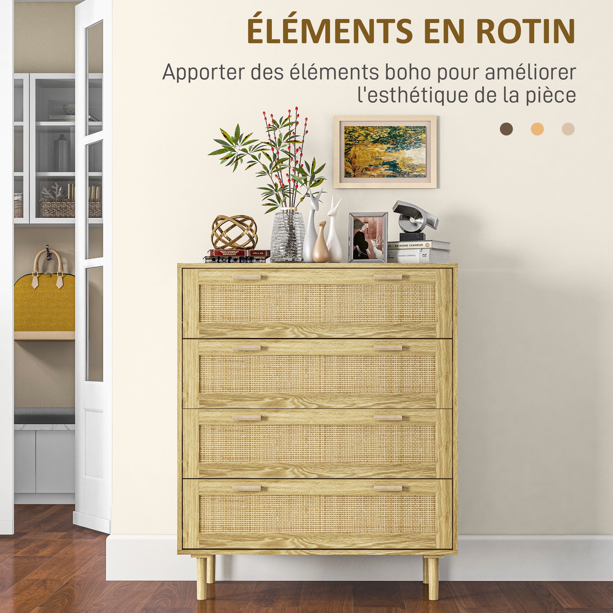 Commode chambre 4 tiroirs meuble de rangement avec façade tissage en rotin style bohème dim. 90l x 45P x 108,5H cm Aspect Bois Clair