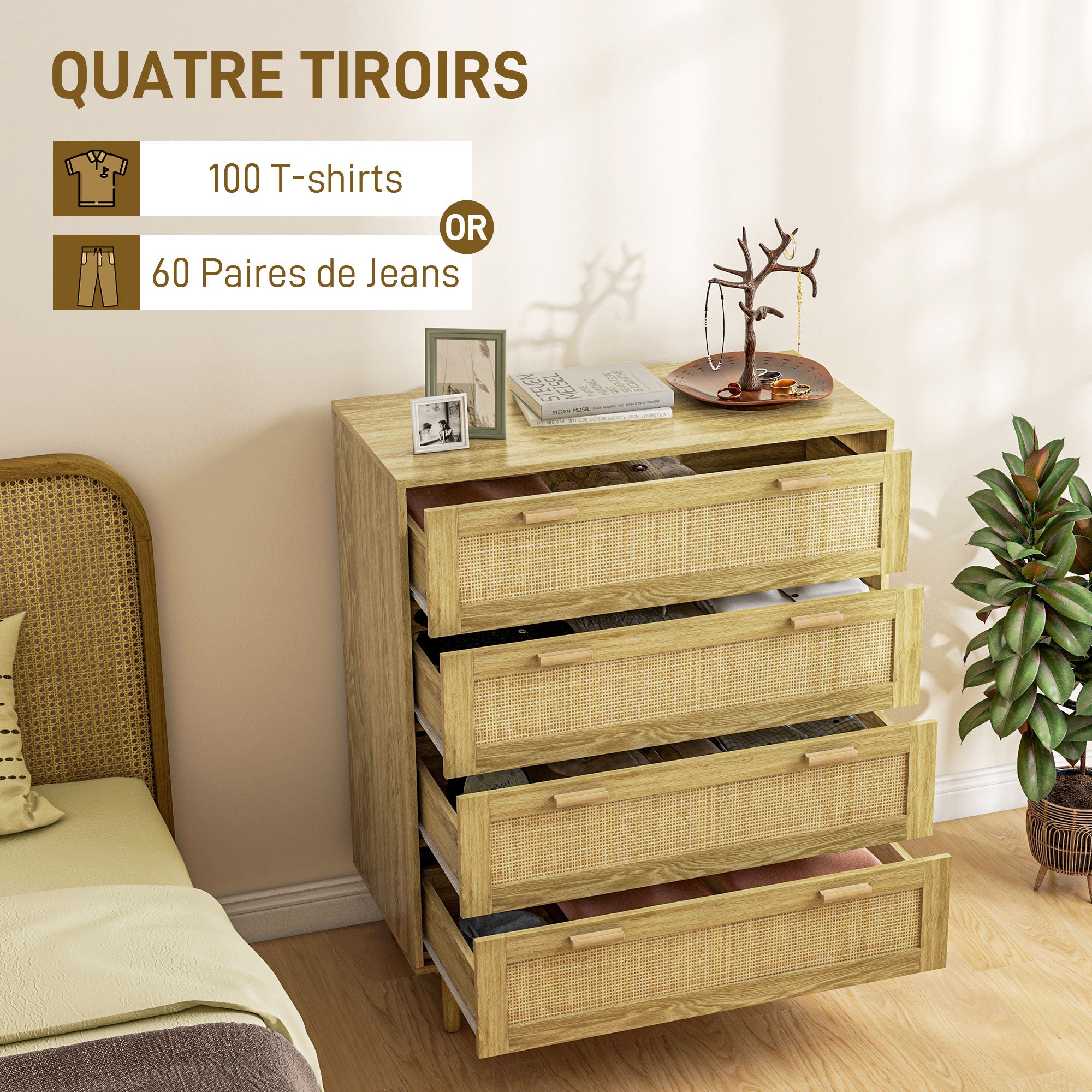 Commode chambre 4 tiroirs meuble de rangement avec façade tissage en rotin style bohème dim. 90l x 45P x 108,5H cm Aspect Bois Clair