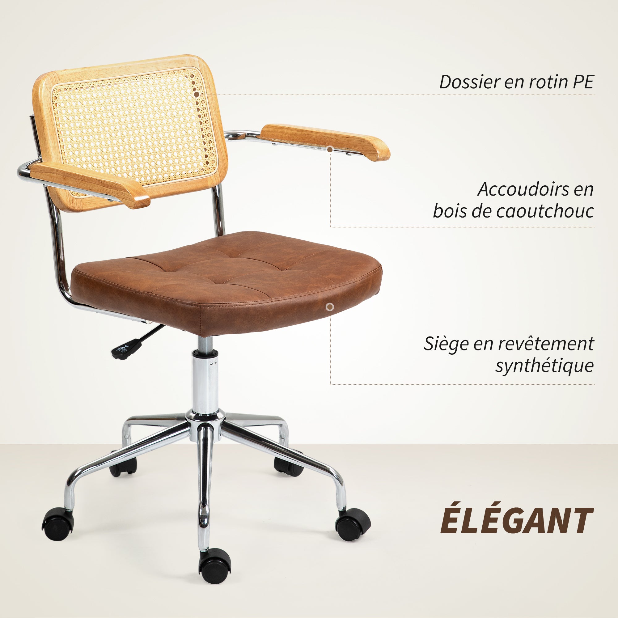 Chaise de bureau, fauteuil de bureau, fonction basculante, hauteur réglable, assise pivotante, avec accoudoirs roulettes, capacité 120 kg, marron
