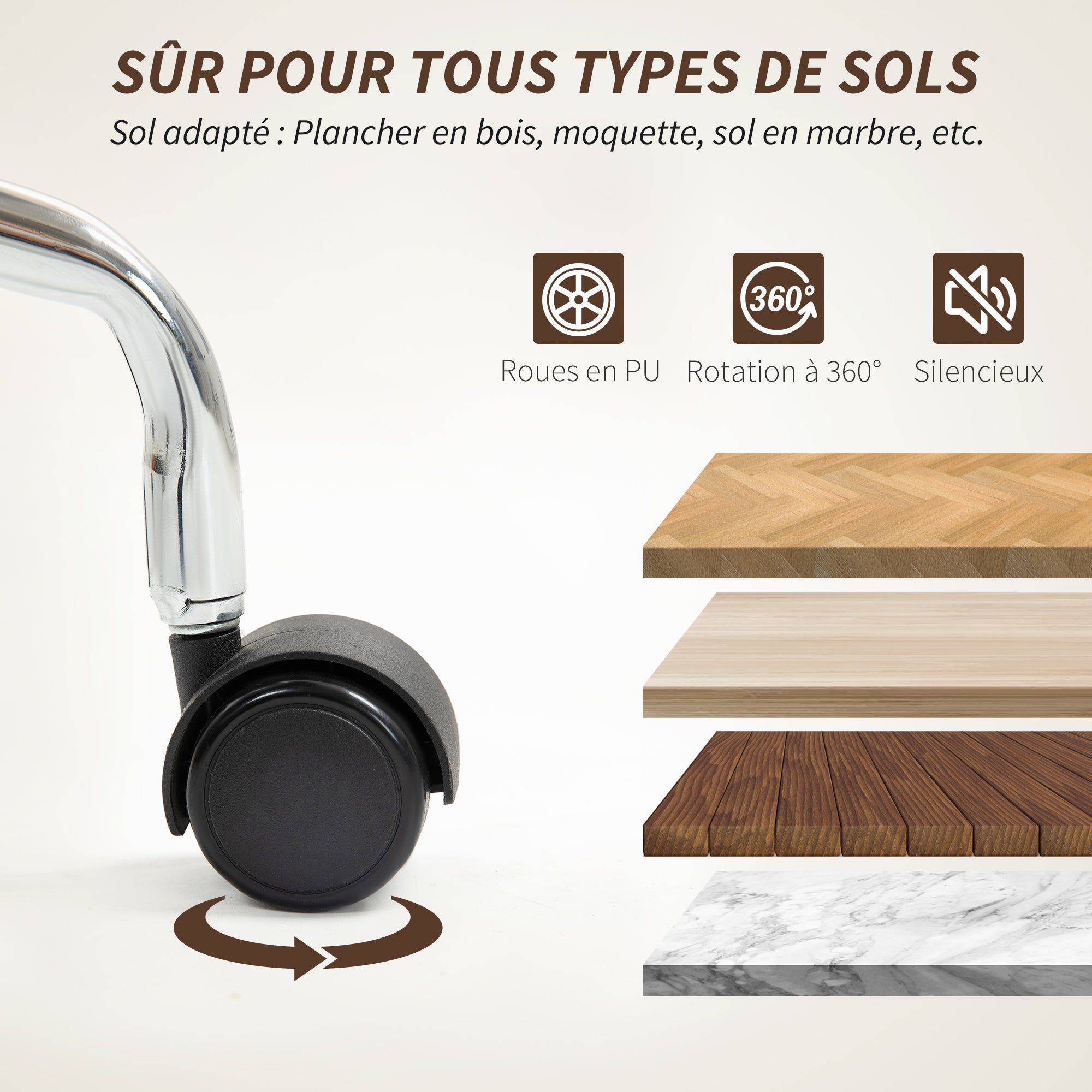 Chaise de bureau, fauteuil de bureau, fonction basculante, hauteur réglable, assise pivotante, avec accoudoirs roulettes, capacité 120 kg, marron