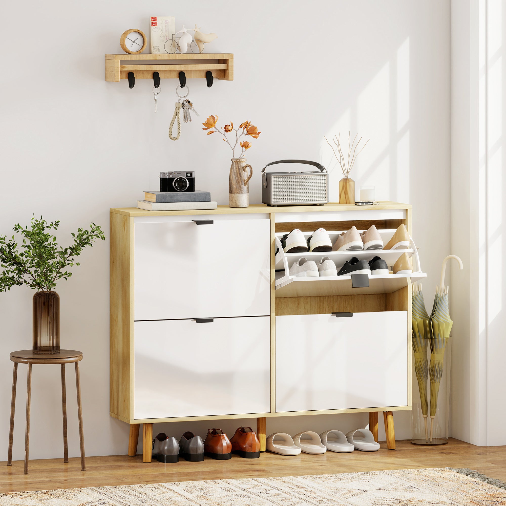 Meuble à chaussures 20 paires, porte haute brillante, armoire à chaussures étroite avec 4 tiroirs rabattables et étagères réglables, style moderne, pour couloir, entrée, 105x24x92,5cm, blanc