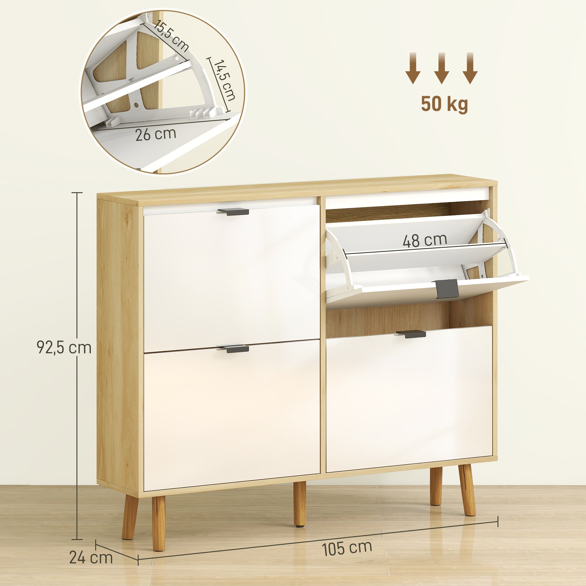 Meuble à chaussures 20 paires, porte haute brillante, armoire à chaussures étroite avec 4 tiroirs rabattables et étagères réglables, style moderne, pour couloir, entrée, 105x24x92,5cm, blanc