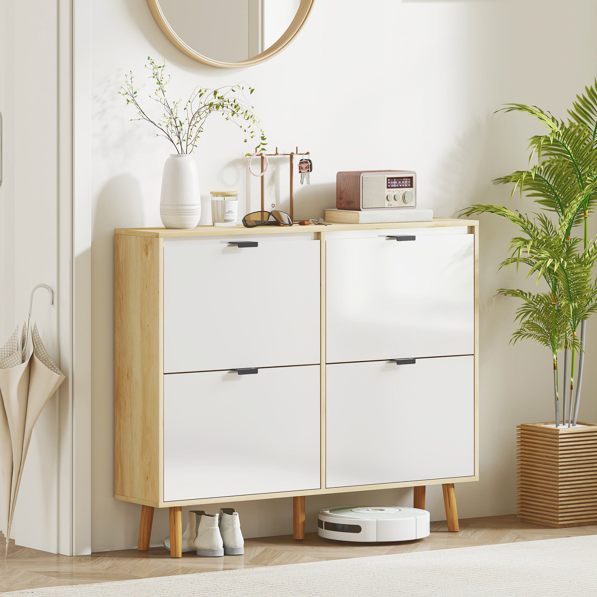 Meuble à chaussures 20 paires, porte haute brillante, armoire à chaussures étroite avec 4 tiroirs rabattables et étagères réglables, style moderne, pour couloir, entrée, 105x24x92,5cm, blanc