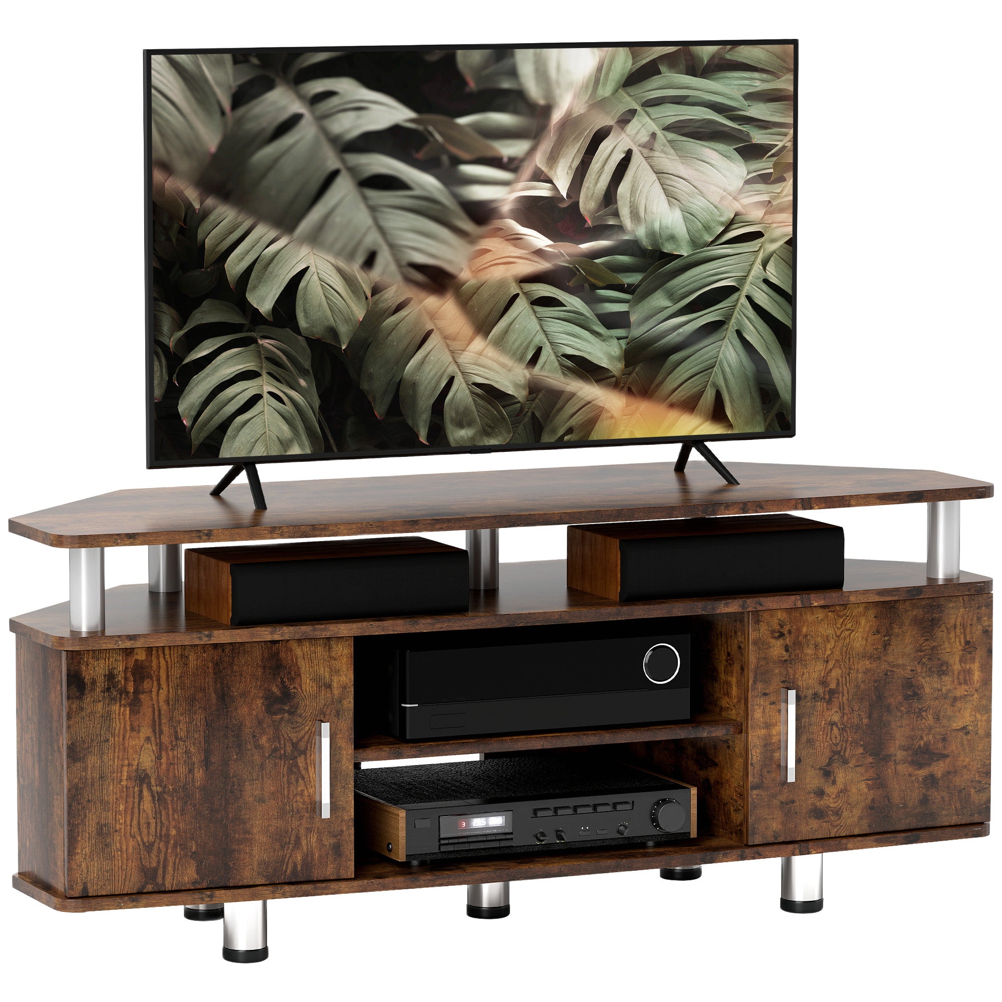 Meuble TV meuble télé bois banc TV pour téléviseur jusqu'à 55 pouces avec grand plateau, placards à portes et compartiment ouvert pour salon chambre à coucher, 120 x 40 x 52 cm, marron