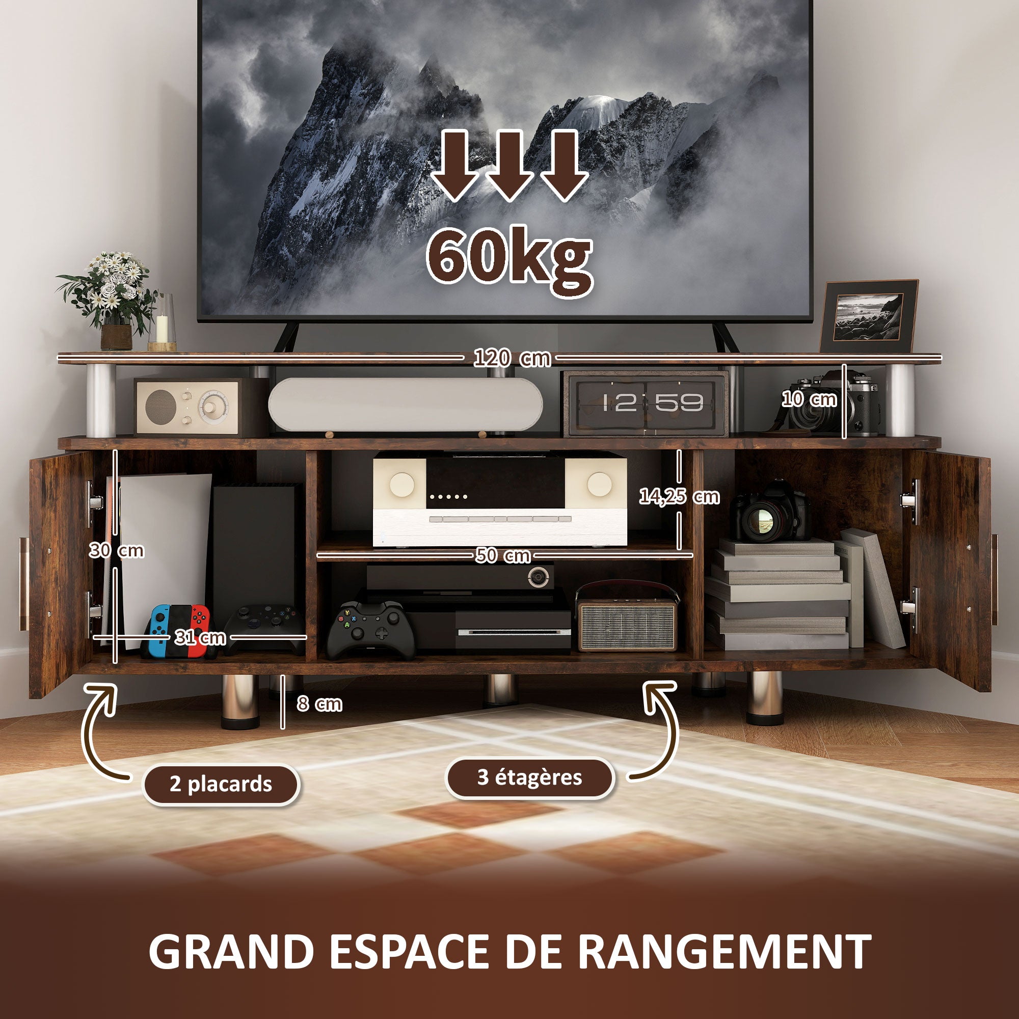 Meuble TV meuble télé bois banc TV pour téléviseur jusqu'à 55 pouces avec grand plateau, placards à portes et compartiment ouvert pour salon chambre à coucher, 120 x 40 x 52 cm, marron