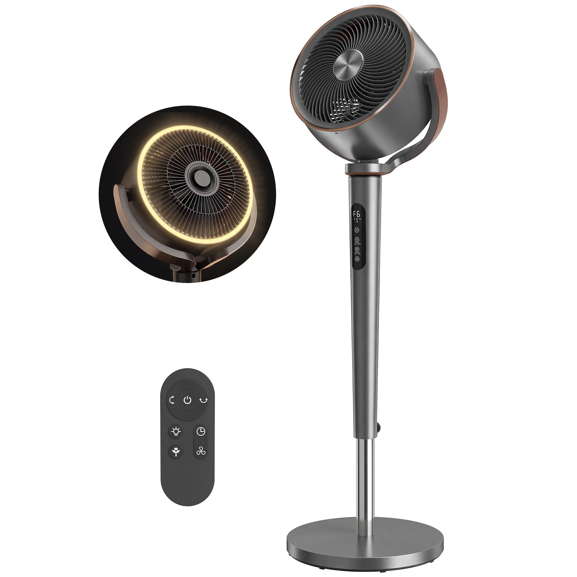 Ventilateur sur pied silencieux 20 dB pour chambre, télécommande, circulateur d'air, oscillation 70°+90°, 12 vitesses, minuterie 12H, lumière LED, moteur BLDC puissant, hauteur réglable, gris