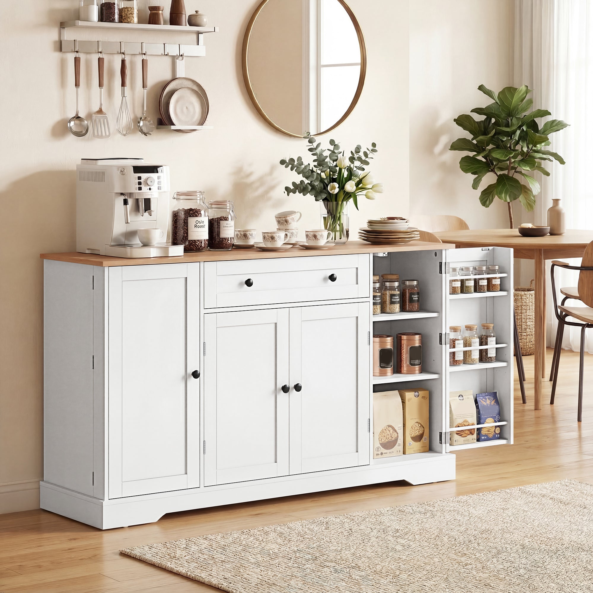Buffet Cuisine, Meuble de Rangement avec Tiroir, 4 Portes, Étagères Réglables et 6 Racks de Porte, Style Moderne, Buffet Salle à Manger, Salon et Chambre, 138 x 40 x 83,5 cm, Blanc