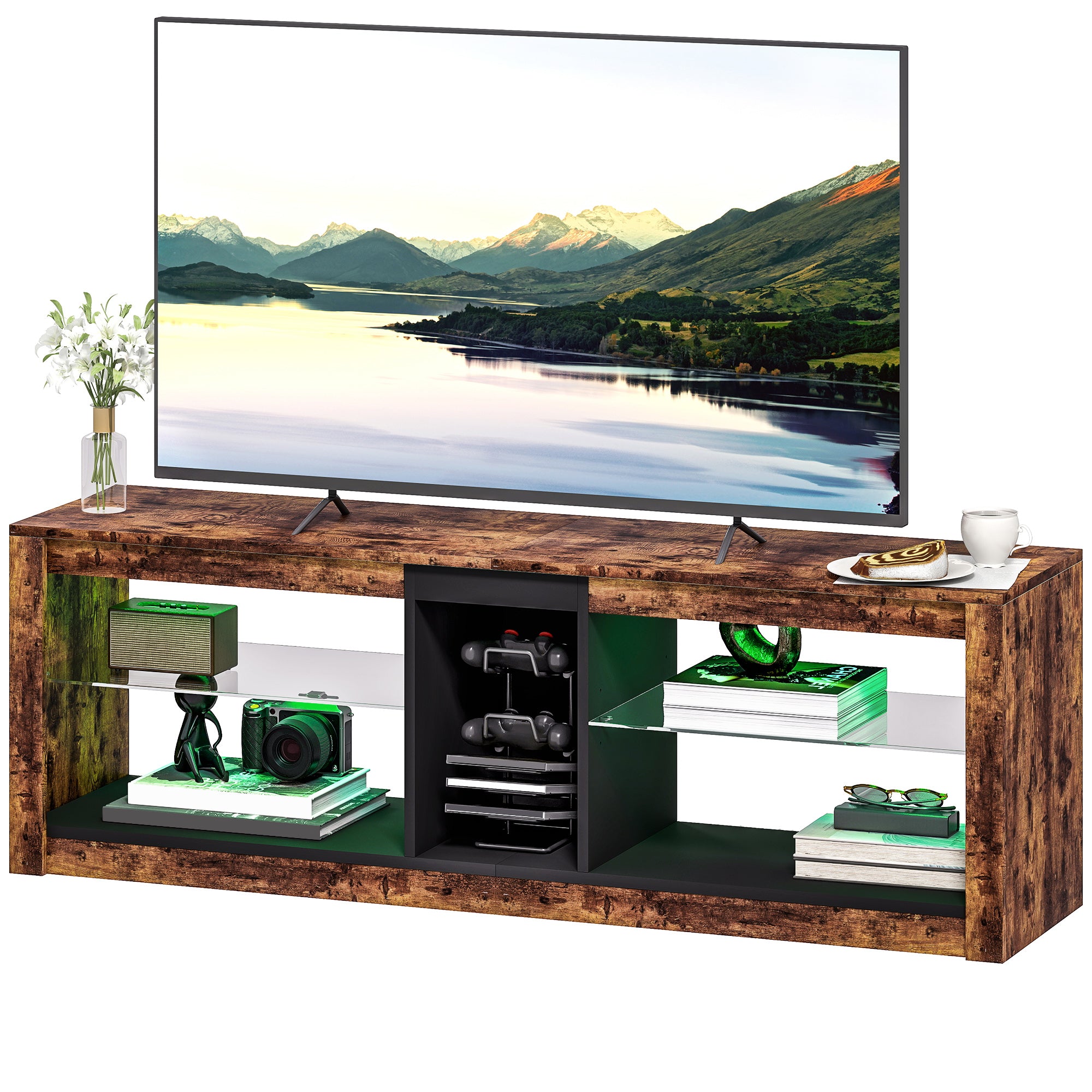 Meuble TV avec lumières LED et télécommande, meuble télé bois banc TV pour téléviseur jusqu'à 65 pouces avec étagères et compartiments ouvert, pour salon chambre à coucher, 140x35x47cm, marron