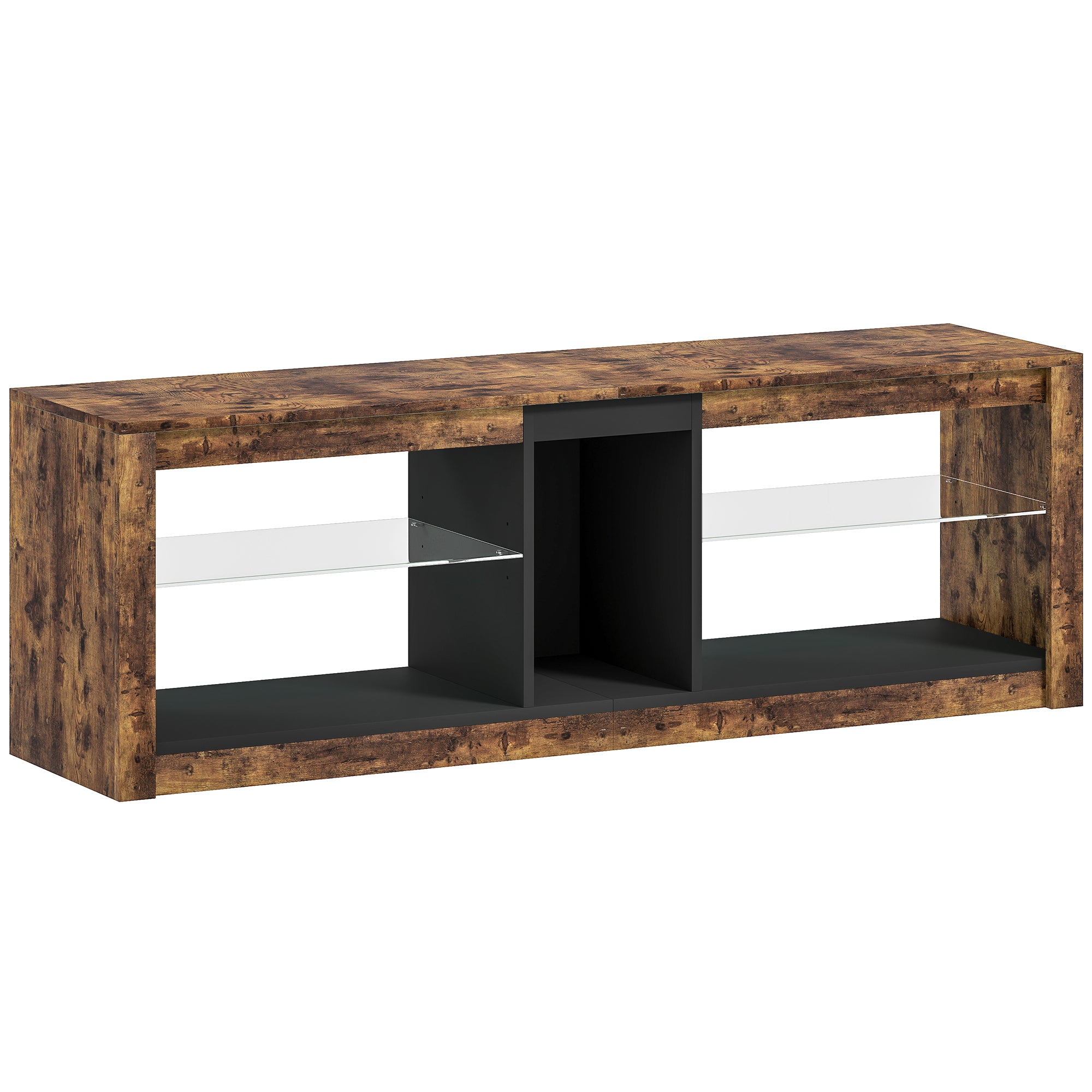 Meuble TV avec lumières LED et télécommande, meuble télé bois banc TV pour téléviseur jusqu'à 65 pouces avec étagères et compartiments ouvert, pour salon chambre à coucher, 140x35x47cm, marron