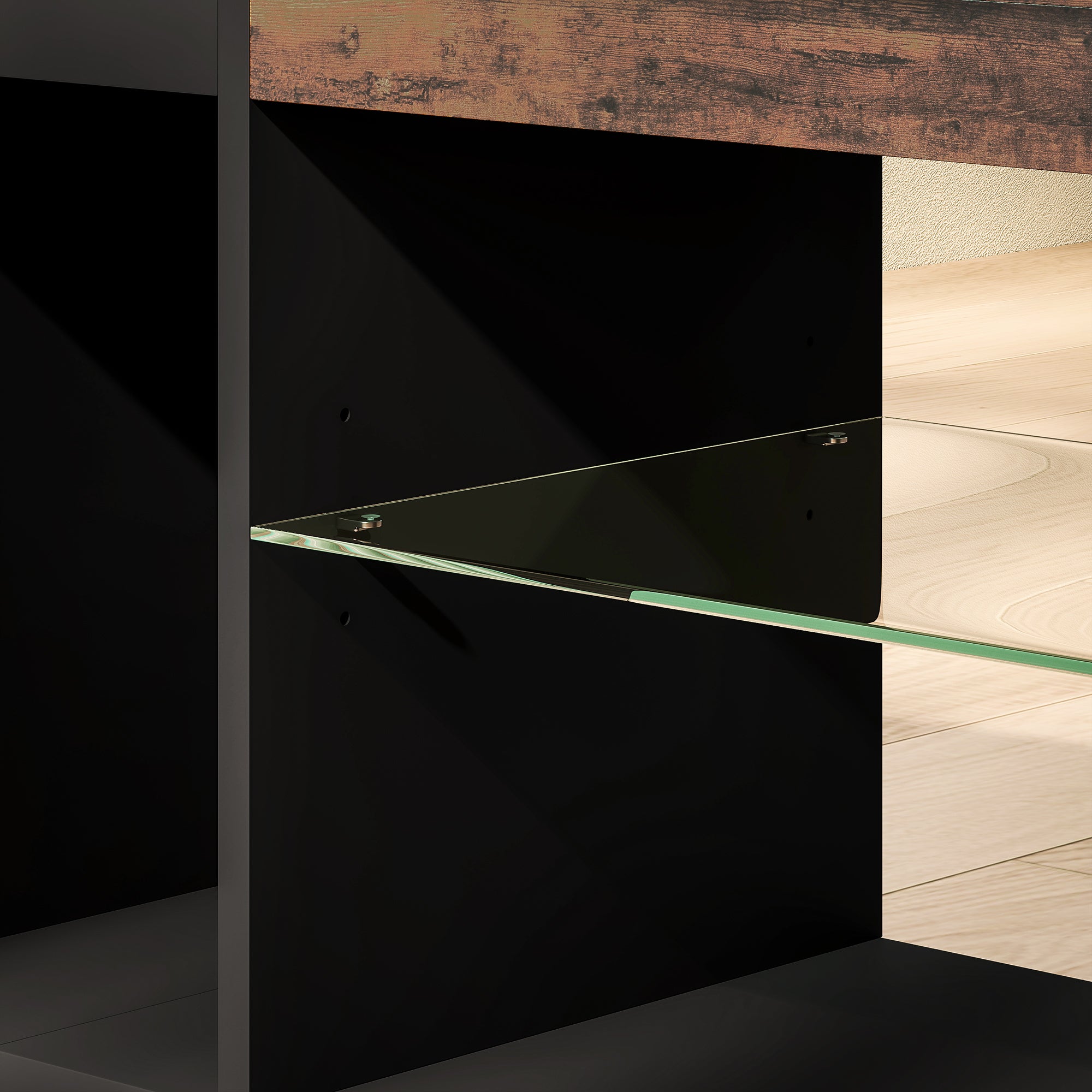 Meuble TV avec lumières LED et télécommande, meuble télé bois banc TV pour téléviseur jusqu'à 65 pouces avec étagères et compartiments ouvert, pour salon chambre à coucher, 140x35x47cm, marron