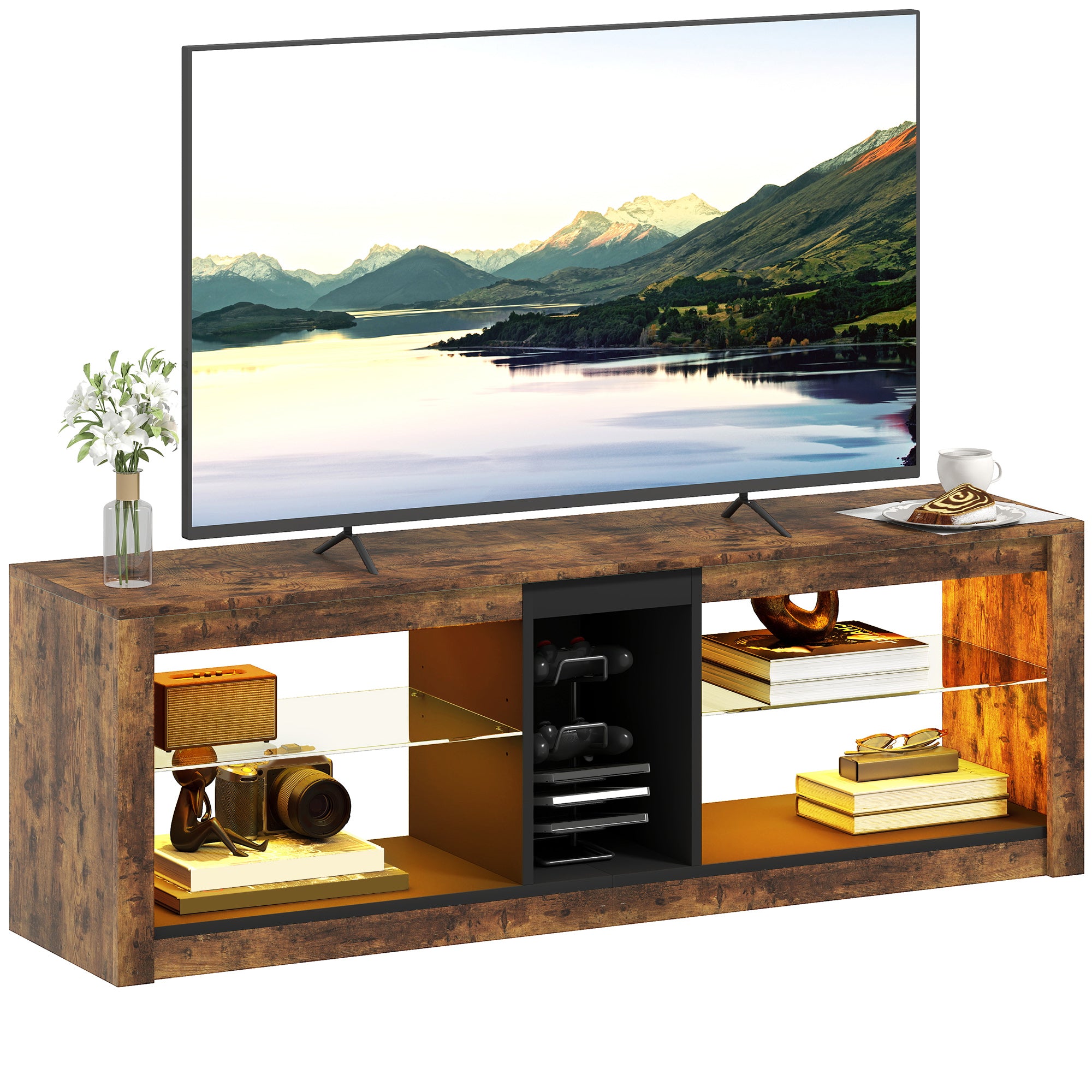 Meuble TV avec lumières LED et télécommande, meuble télé bois banc TV pour téléviseur jusqu'à 65 pouces avec étagères et compartiments ouvert, pour salon chambre à coucher, 140x35x47cm, marron