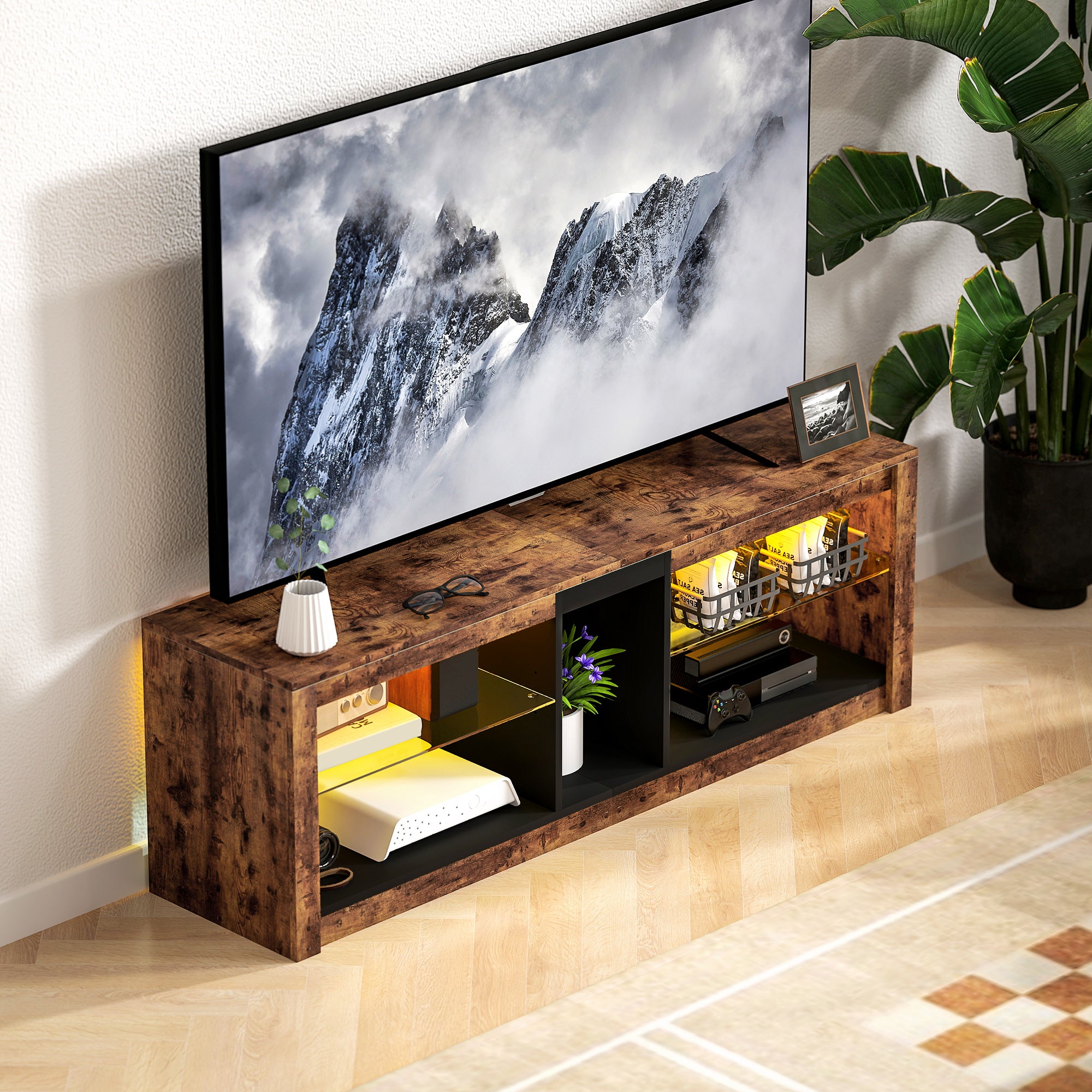 Meuble TV avec lumières LED et télécommande, meuble télé bois banc TV pour téléviseur jusqu'à 65 pouces avec étagères et compartiments ouvert, pour salon chambre à coucher, 140x35x47cm, marron