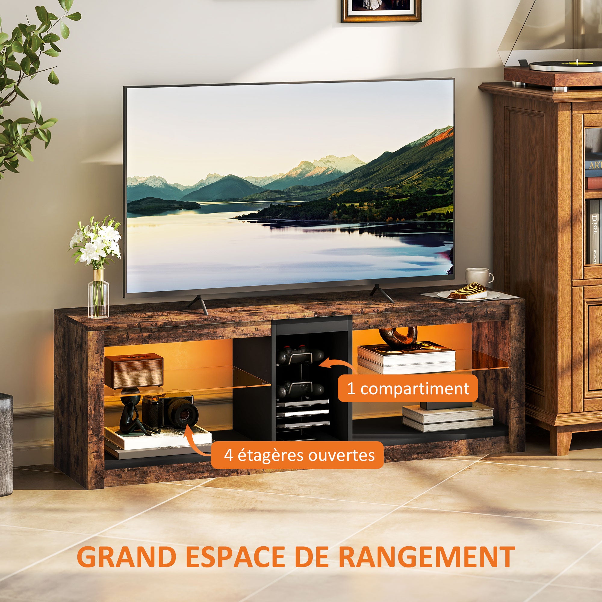 Meuble TV avec lumières LED et télécommande, meuble télé bois banc TV pour téléviseur jusqu'à 65 pouces avec étagères et compartiments ouvert, pour salon chambre à coucher, 140x35x47cm, marron