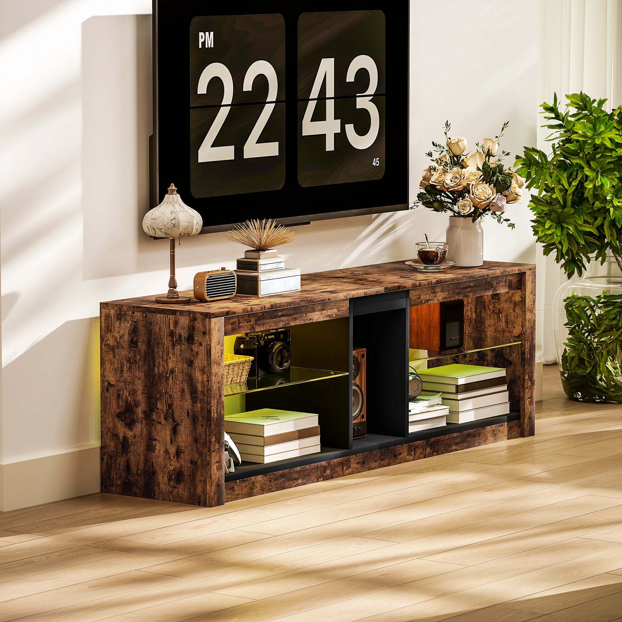 Meuble TV avec lumières LED et télécommande, meuble télé bois banc TV pour téléviseur jusqu'à 65 pouces avec étagères et compartiments ouvert, pour salon chambre à coucher, 140x35x47cm, marron