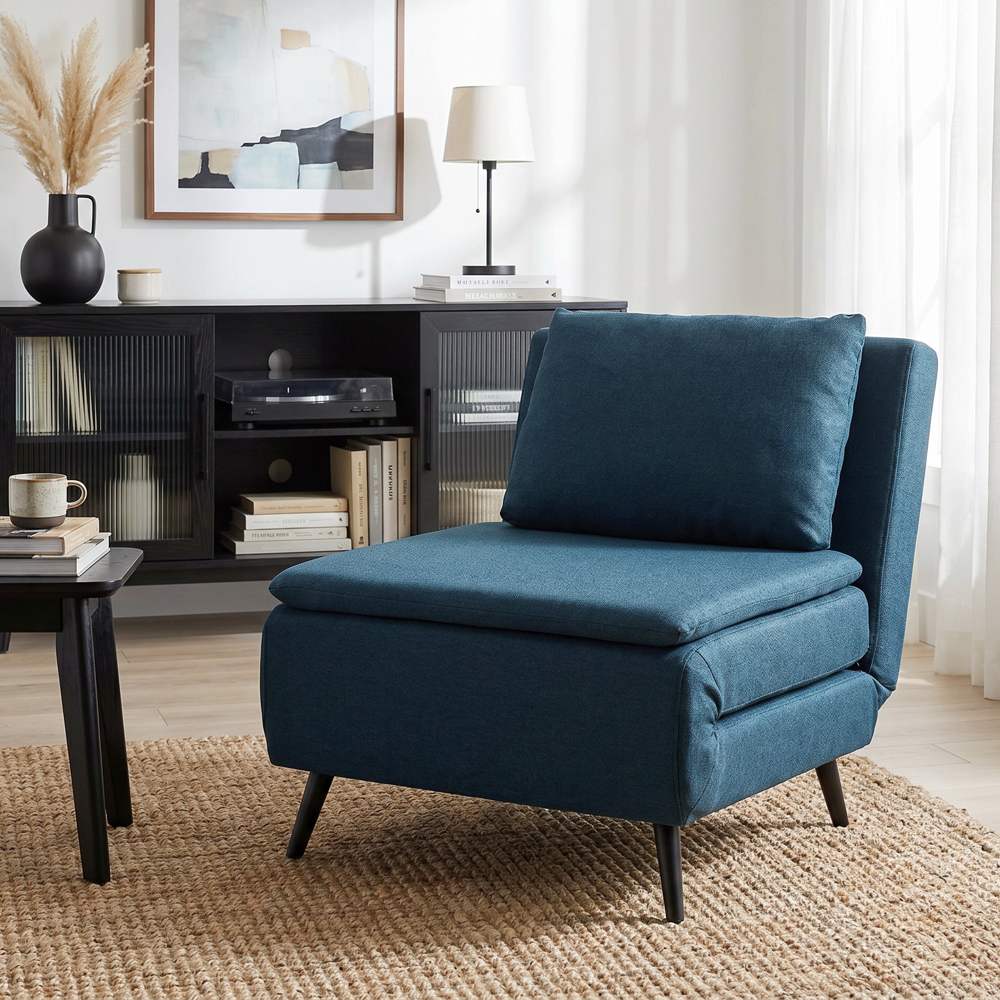 Fauteuil Convertible 1 Place, Fauteuil-Lit Clic-Clac 3 en 1 avec Dossier Réglable, Oreiller, Assise Large, Ressorts en S, Canapé-Lit Rembourré en Lin pour Invités, Salon, Bureau, Bleu