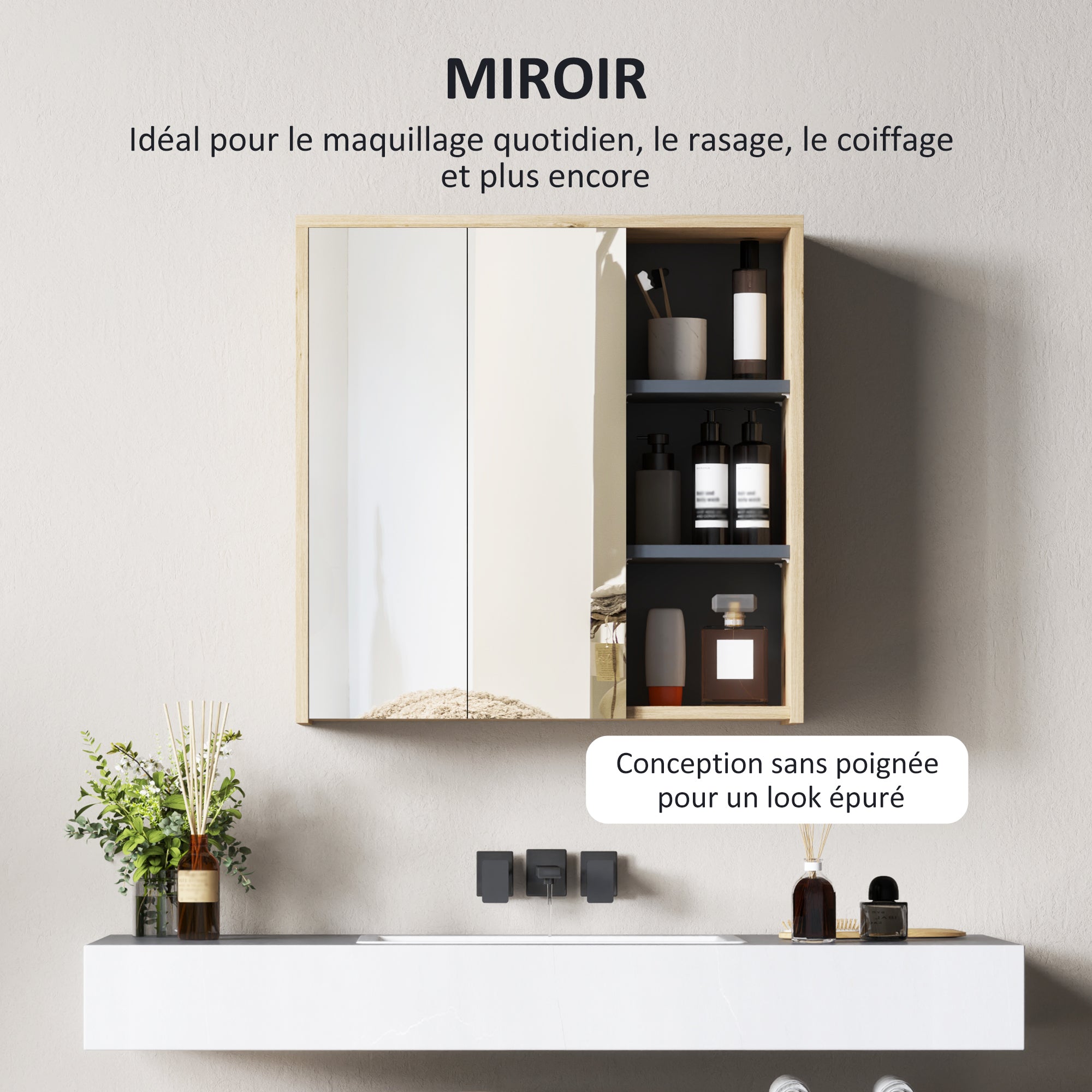Armoire de salle de bain avec miroir armoire de toilette miroir montage mural avec 3 étagères ouverts 2 portes miroir 60 x 20 x 60 cm bois naturel