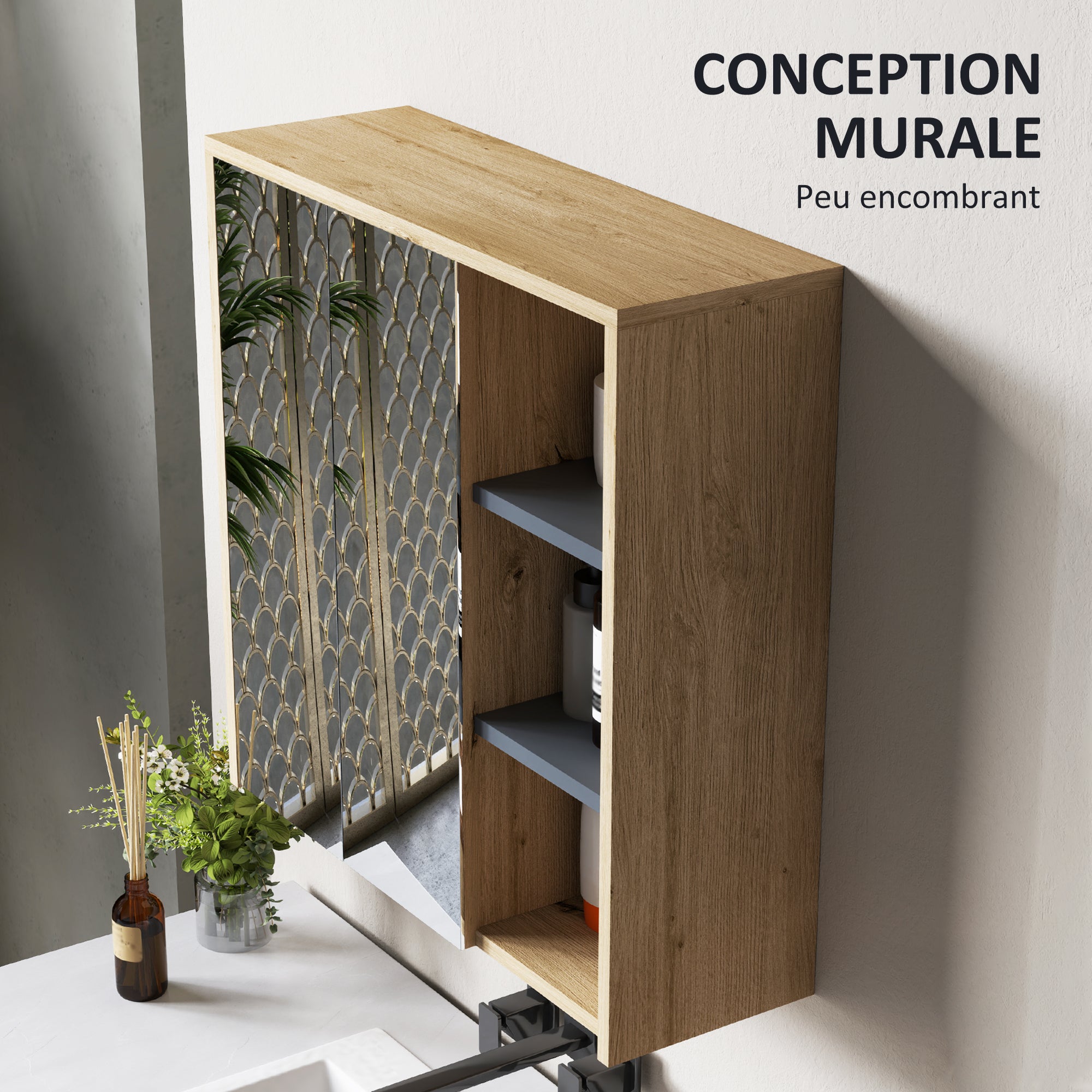 Armoire de salle de bain avec miroir armoire de toilette miroir montage mural avec 3 étagères ouverts 2 portes miroir 60 x 20 x 60 cm bois naturel