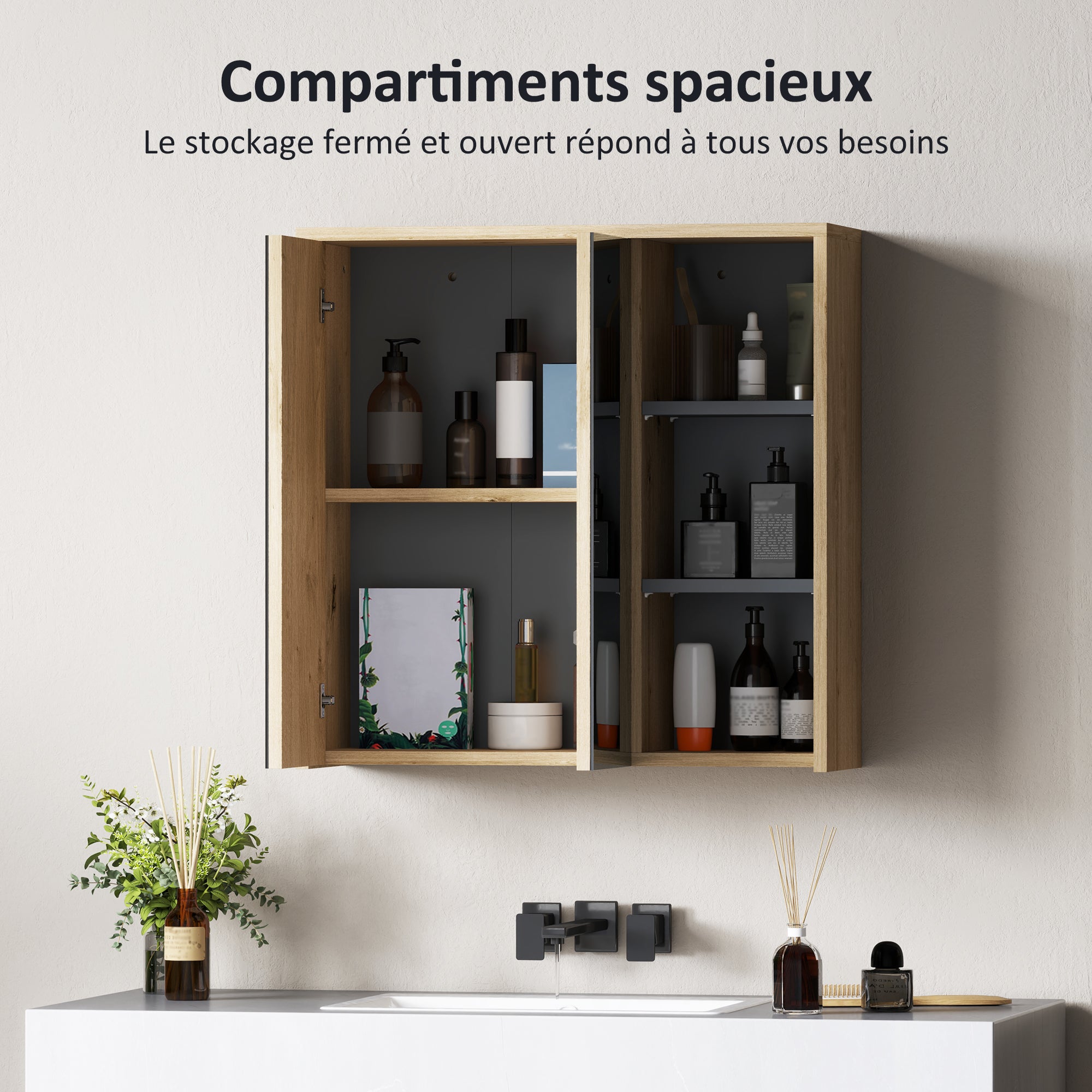 Armoire de salle de bain avec miroir armoire de toilette miroir montage mural avec 3 étagères ouverts 2 portes miroir 60 x 20 x 60 cm bois naturel