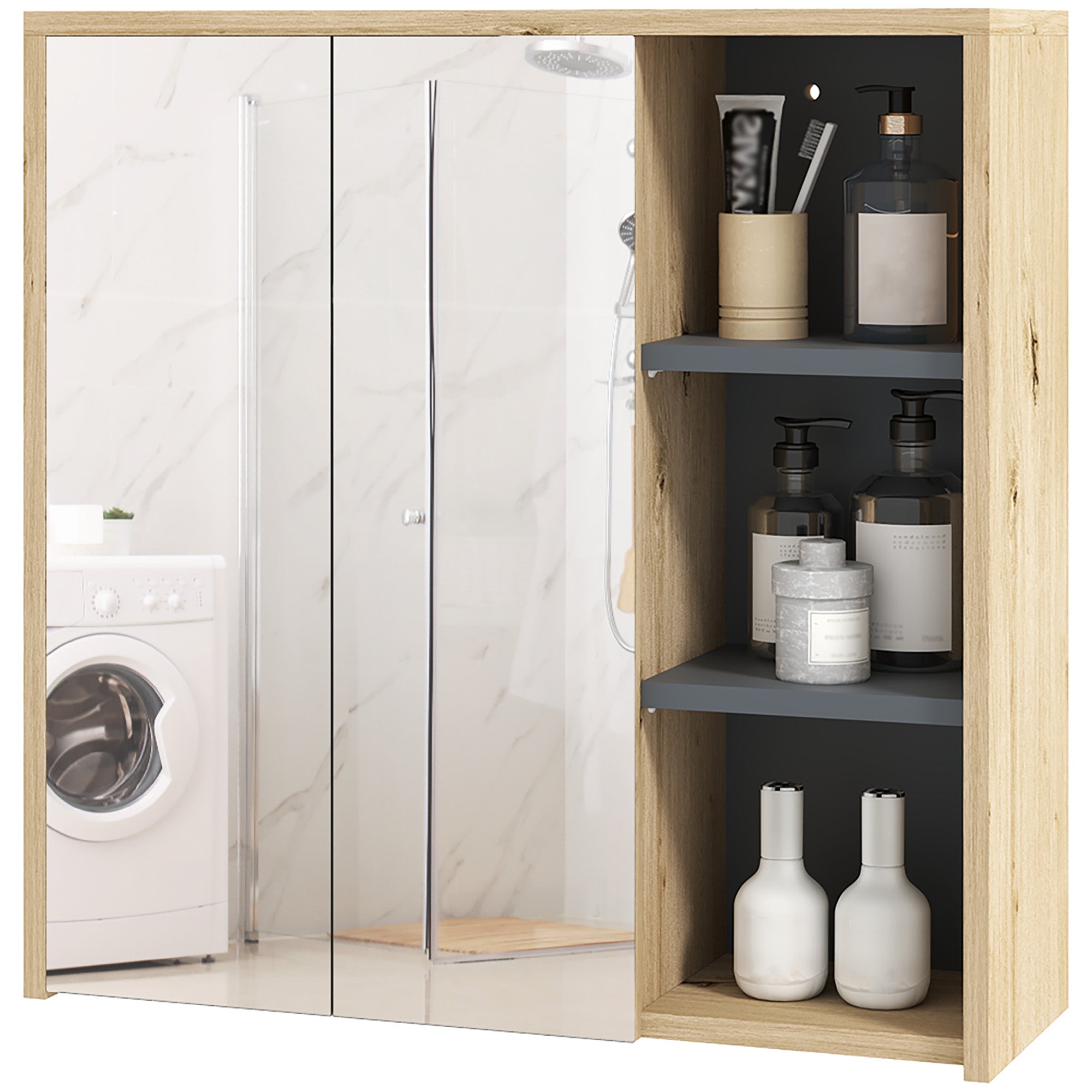 Armoire de salle de bain avec miroir armoire de toilette miroir montage mural avec 3 étagères ouverts 2 portes miroir 60 x 20 x 60 cm bois naturel