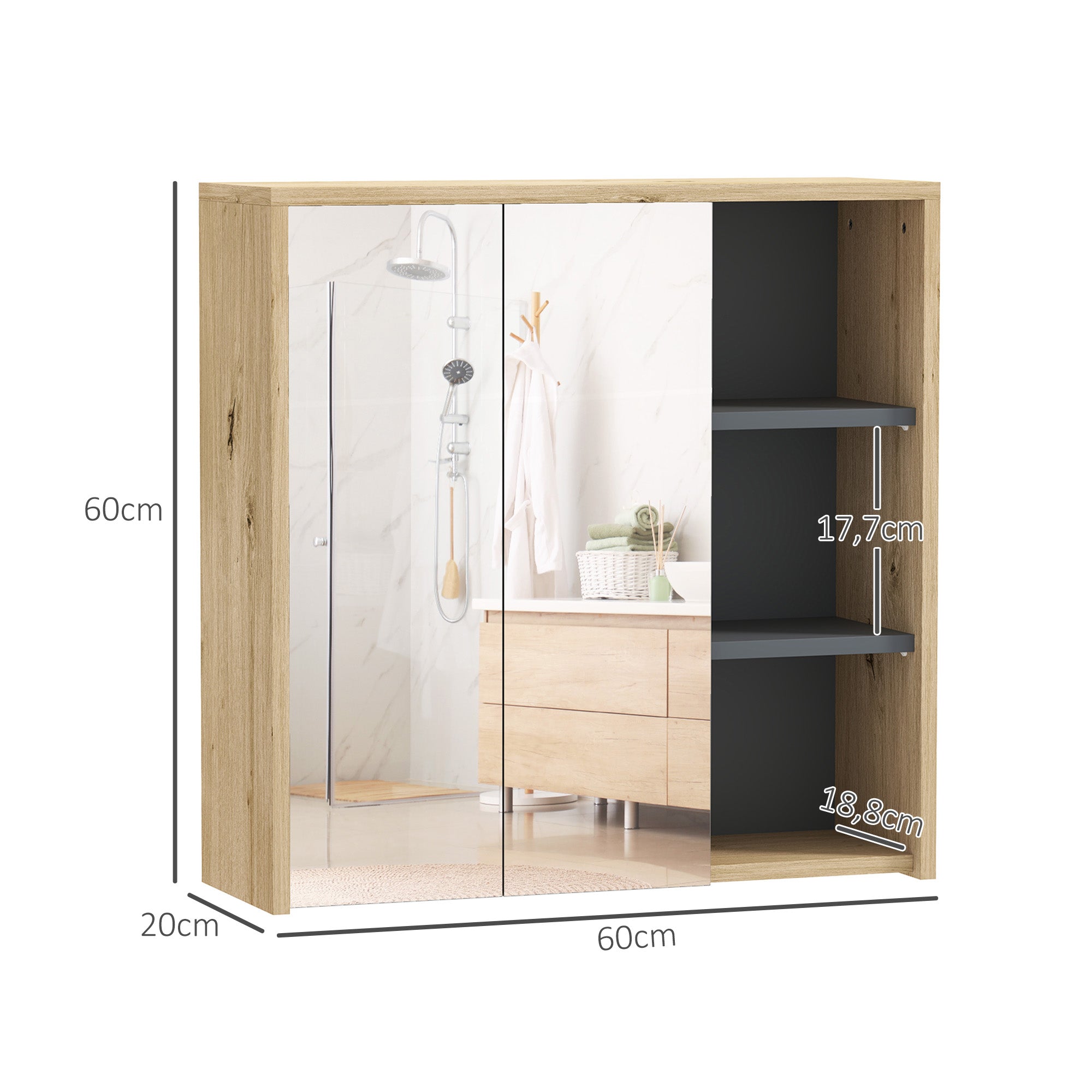 Armoire de salle de bain avec miroir armoire de toilette miroir montage mural avec 3 étagères ouverts 2 portes miroir 60 x 20 x 60 cm bois naturel
