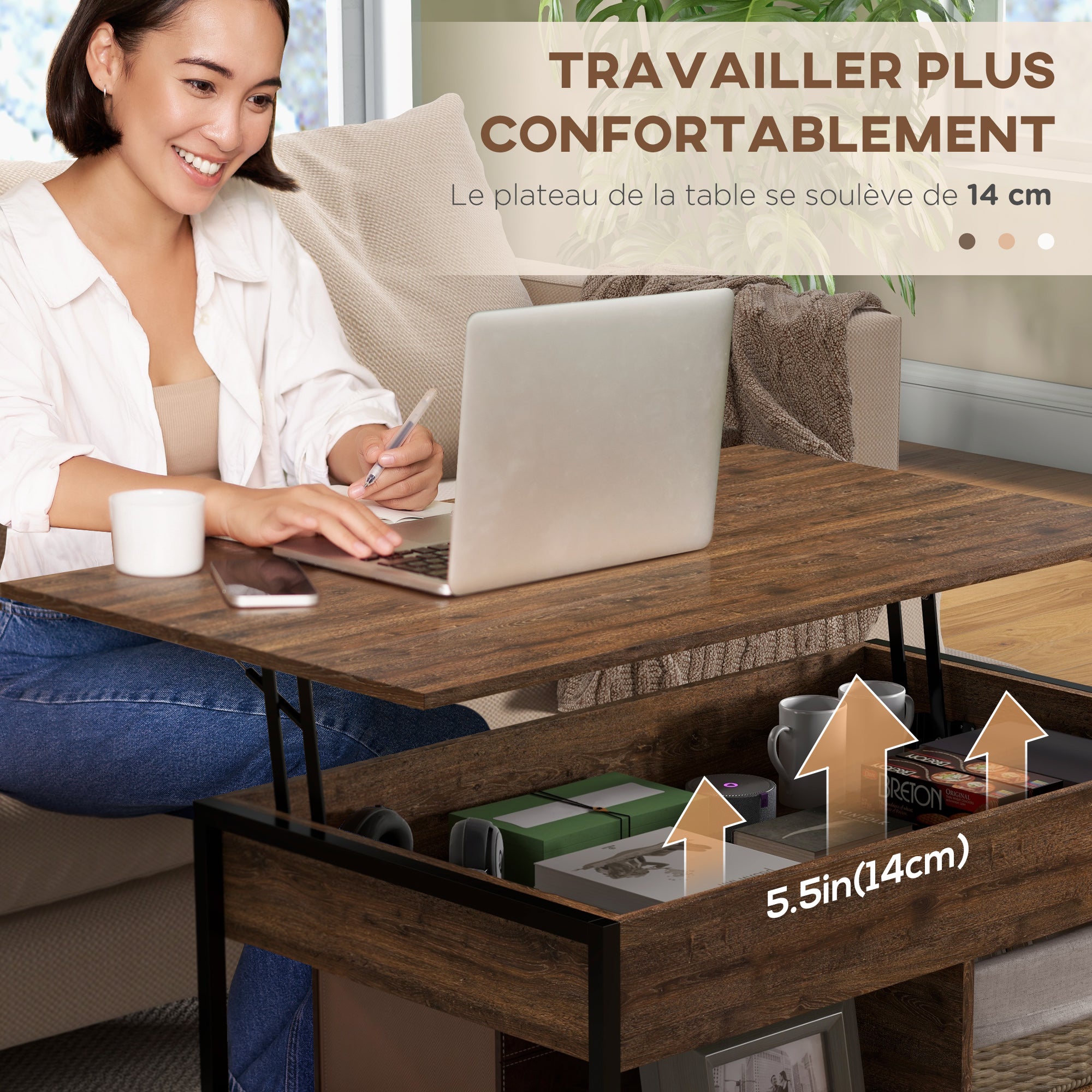 Table basse relevable table de salon - étagère inférieure, coffre de rangement - dim. 100L x 80l x 60H cm - aspect bois rustique noir