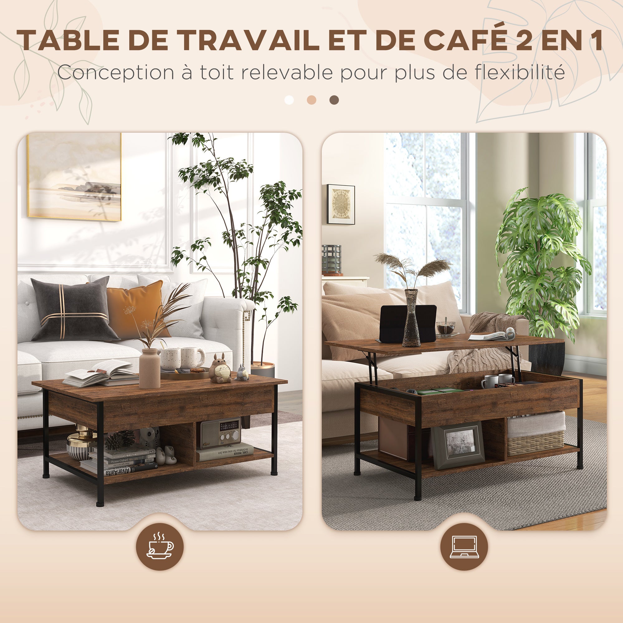 Table basse relevable table de salon - étagère inférieure, coffre de rangement - dim. 100L x 80l x 60H cm - aspect bois rustique noir